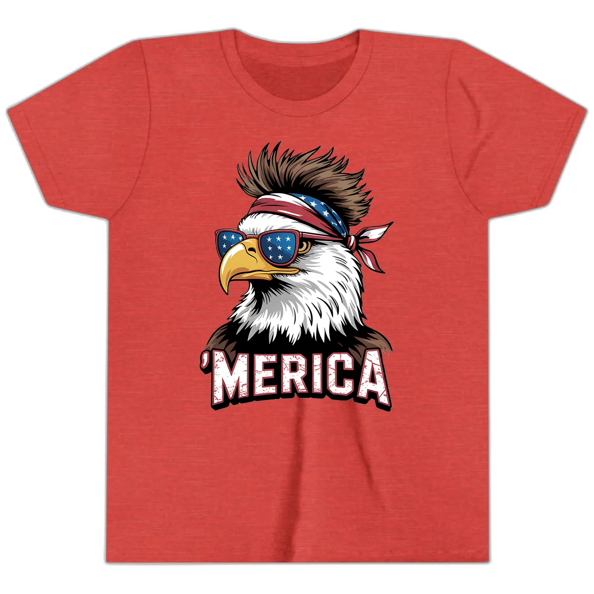 Merica Bald Eagle with USA Bandana and Shades Youth T-Shirt in Heather Red