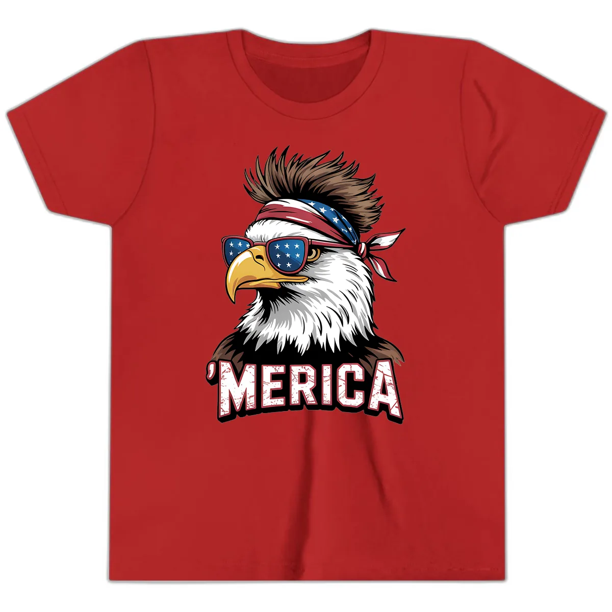 Merica Bald Eagle with USA Bandana and Shades Youth T-Shirt in Red