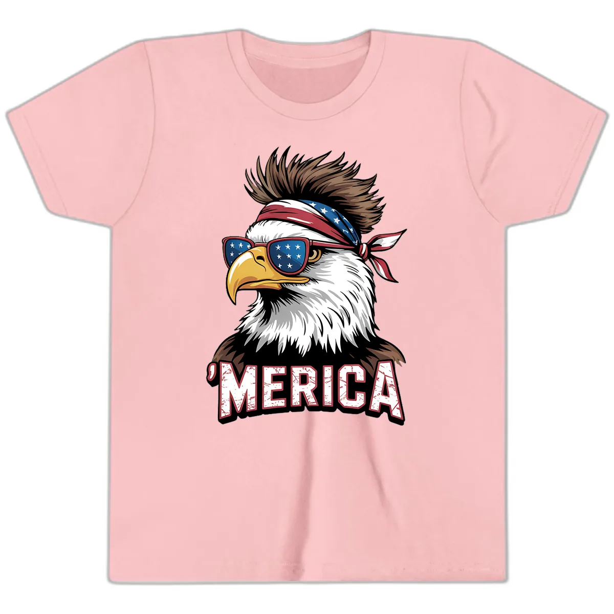 Merica Bald Eagle with USA Bandana and Shades Youth T-Shirt in Pink