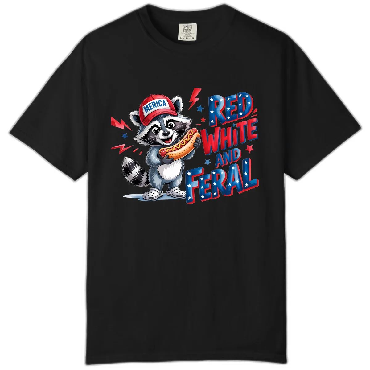 Patriotic Raccoon Hot Dog Red White And Feral Comfort Color in Black