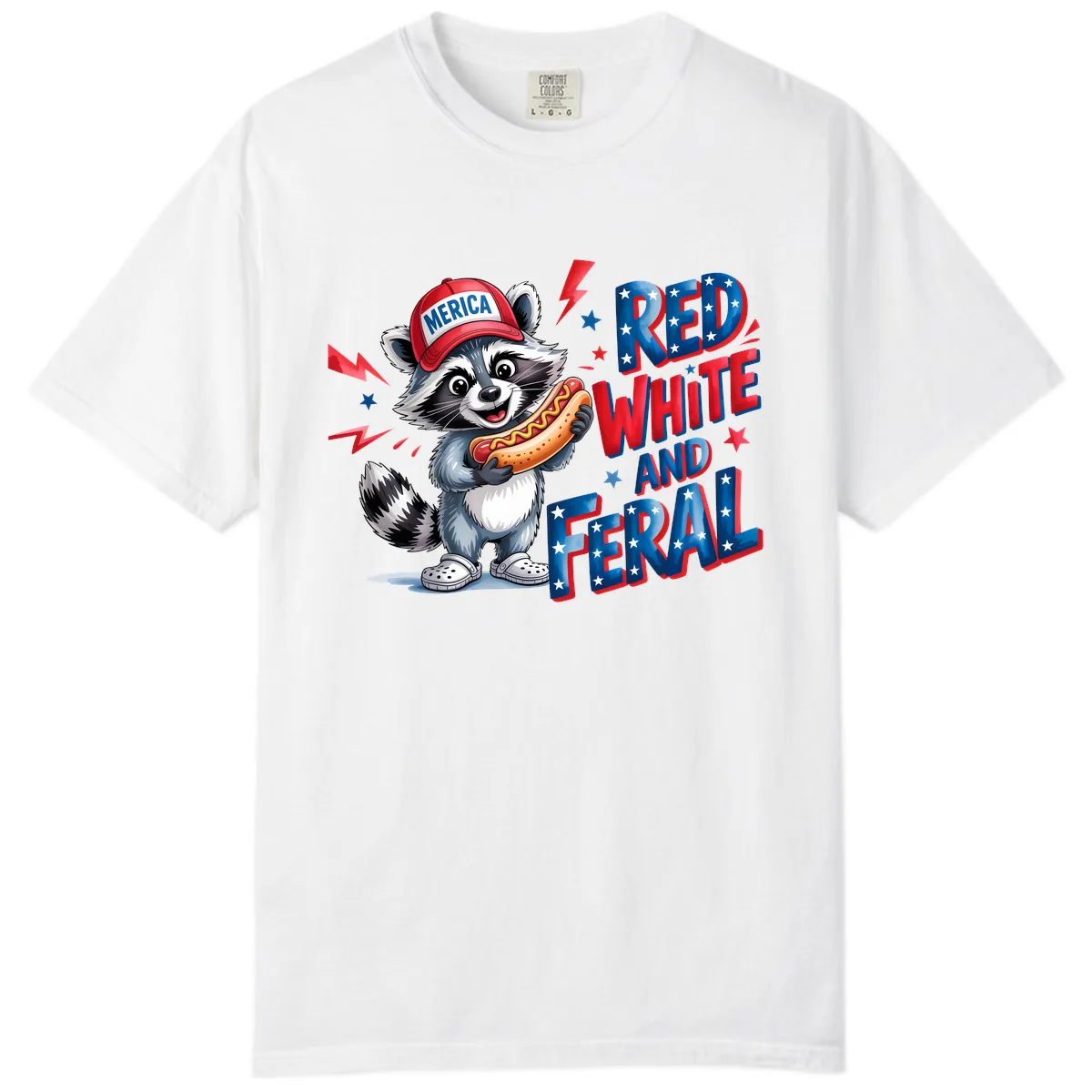 Patriotic Raccoon Hot Dog Red White And Feral Comfort Color in White