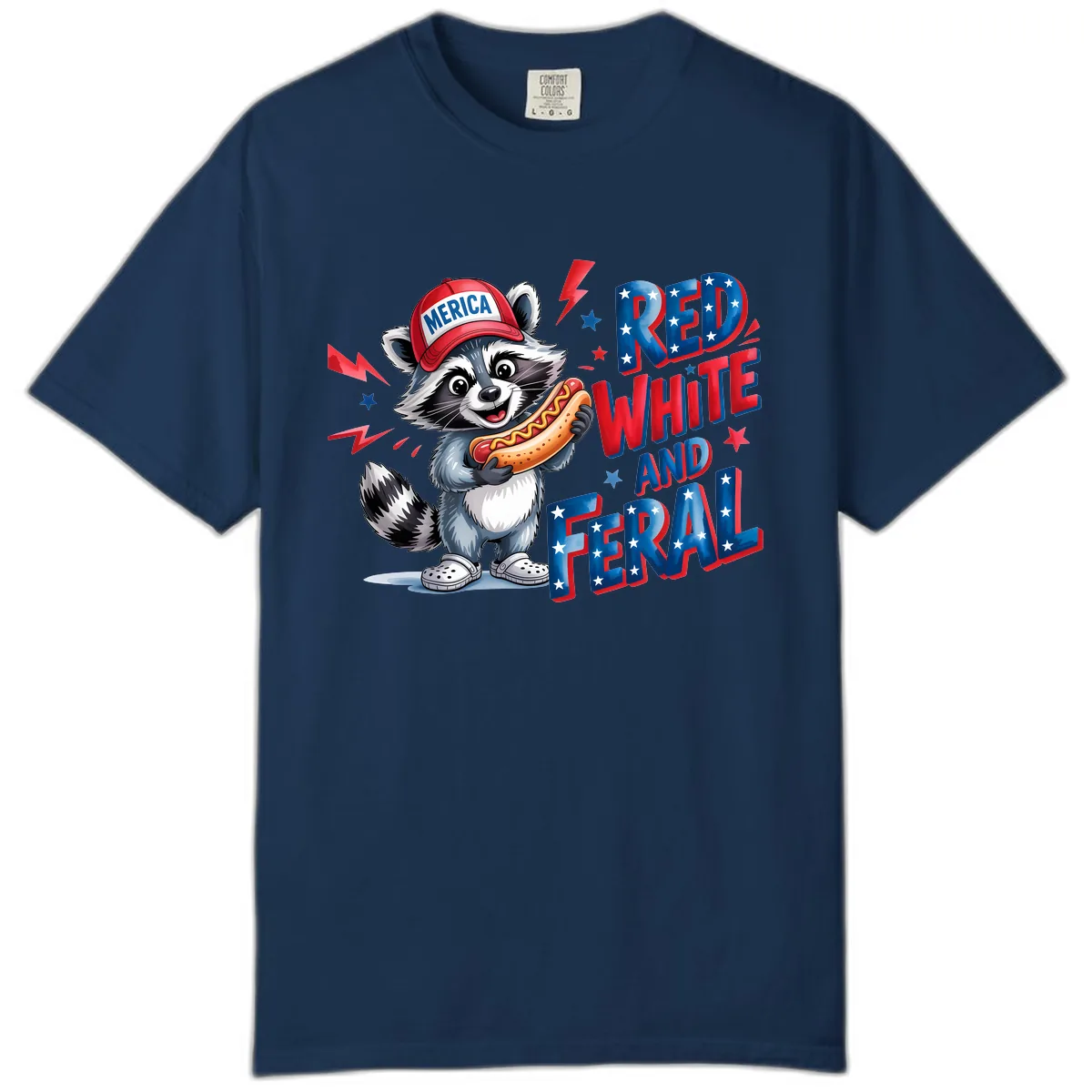 Patriotic Raccoon Hot Dog Red White And Feral Comfort Color in Navy