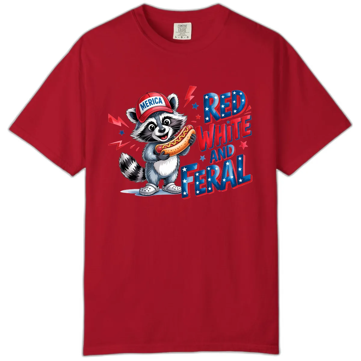 Patriotic Raccoon Hot Dog Red White And Feral Comfort Color in Red