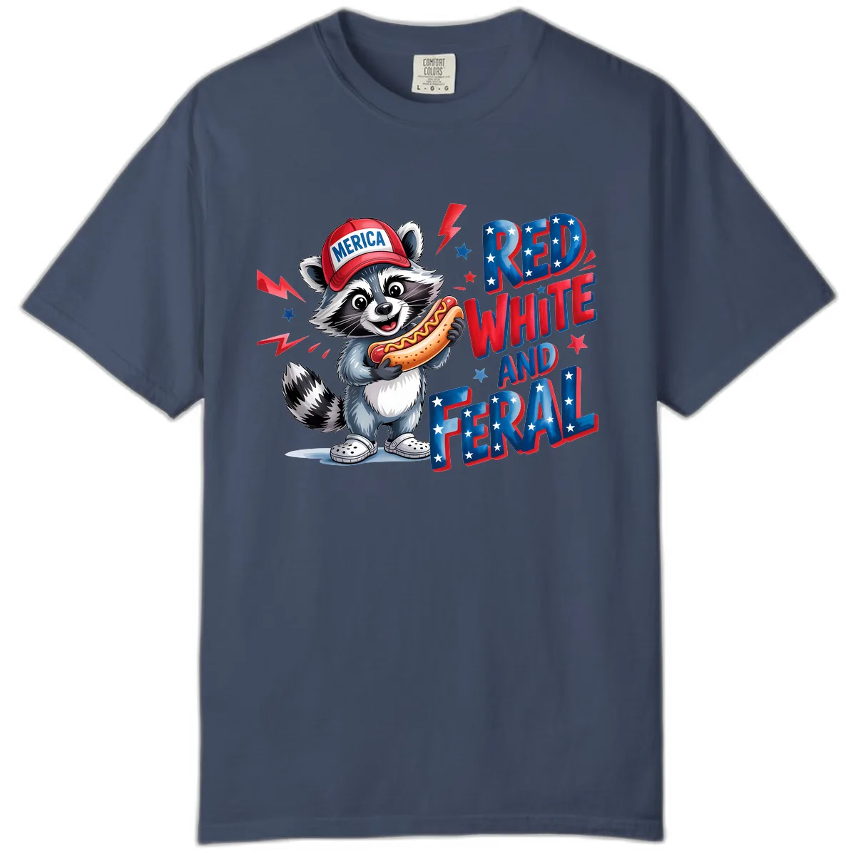 Patriotic Raccoon Hot Dog Red White And Feral Comfort Color in Midnight