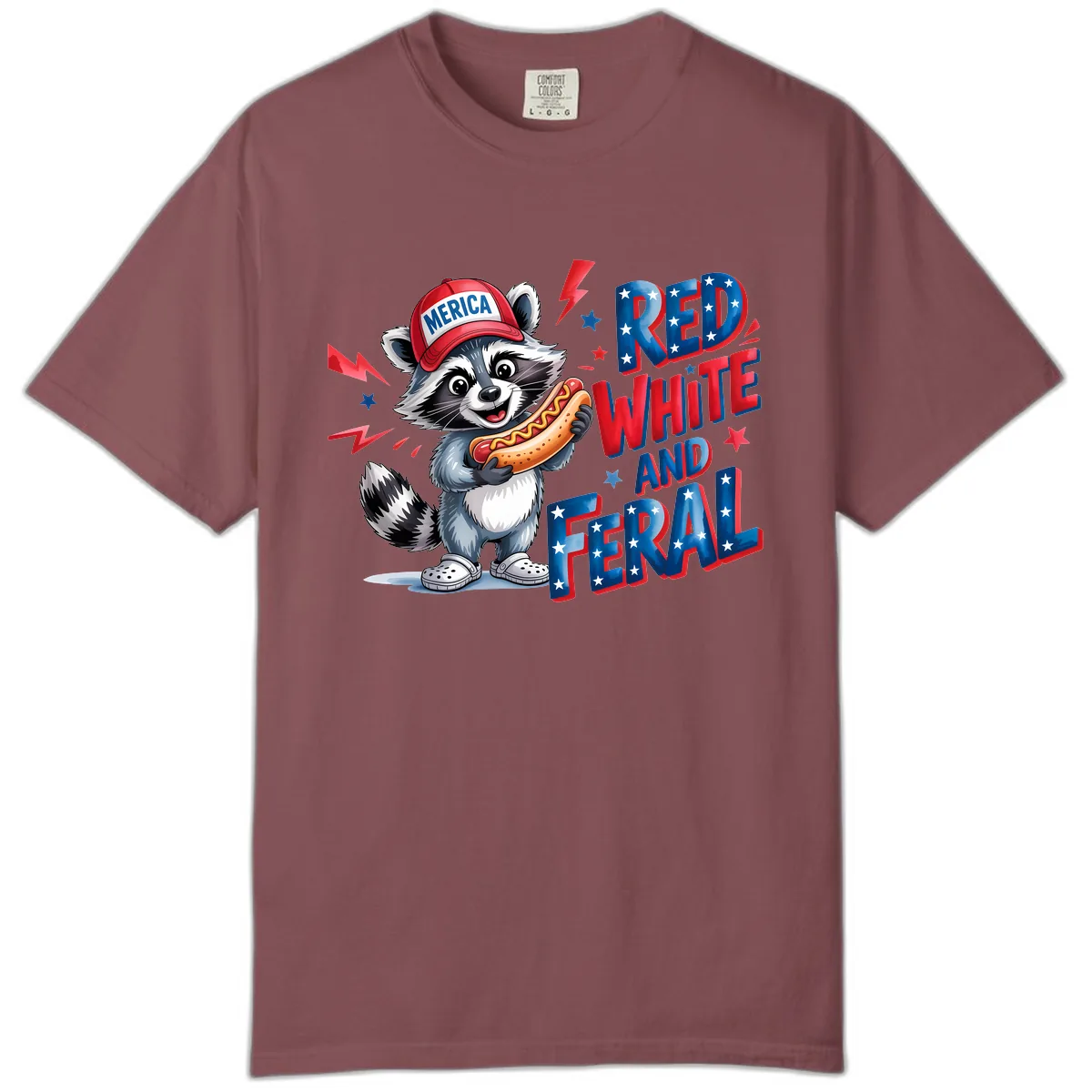 Patriotic Raccoon Hot Dog Red White And Feral Comfort Color in Brick