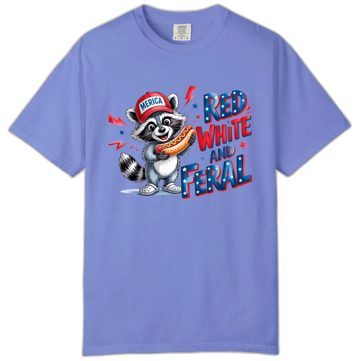 Patriotic Raccoon Hot Dog Red White And Feral Comfort Color in Flo Blue