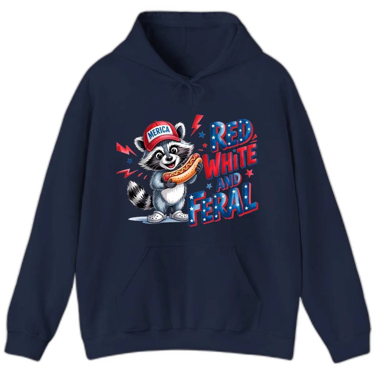 Patriotic Raccoon Hot Dog Red White And Feral Hoodie in Navy
