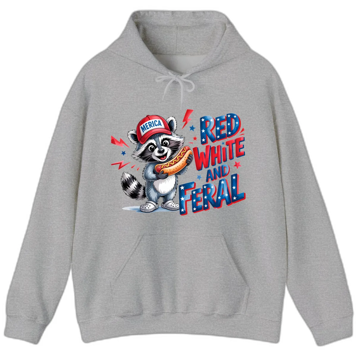 Patriotic Raccoon Hot Dog Red White And Feral Hoodie in Sport Grey