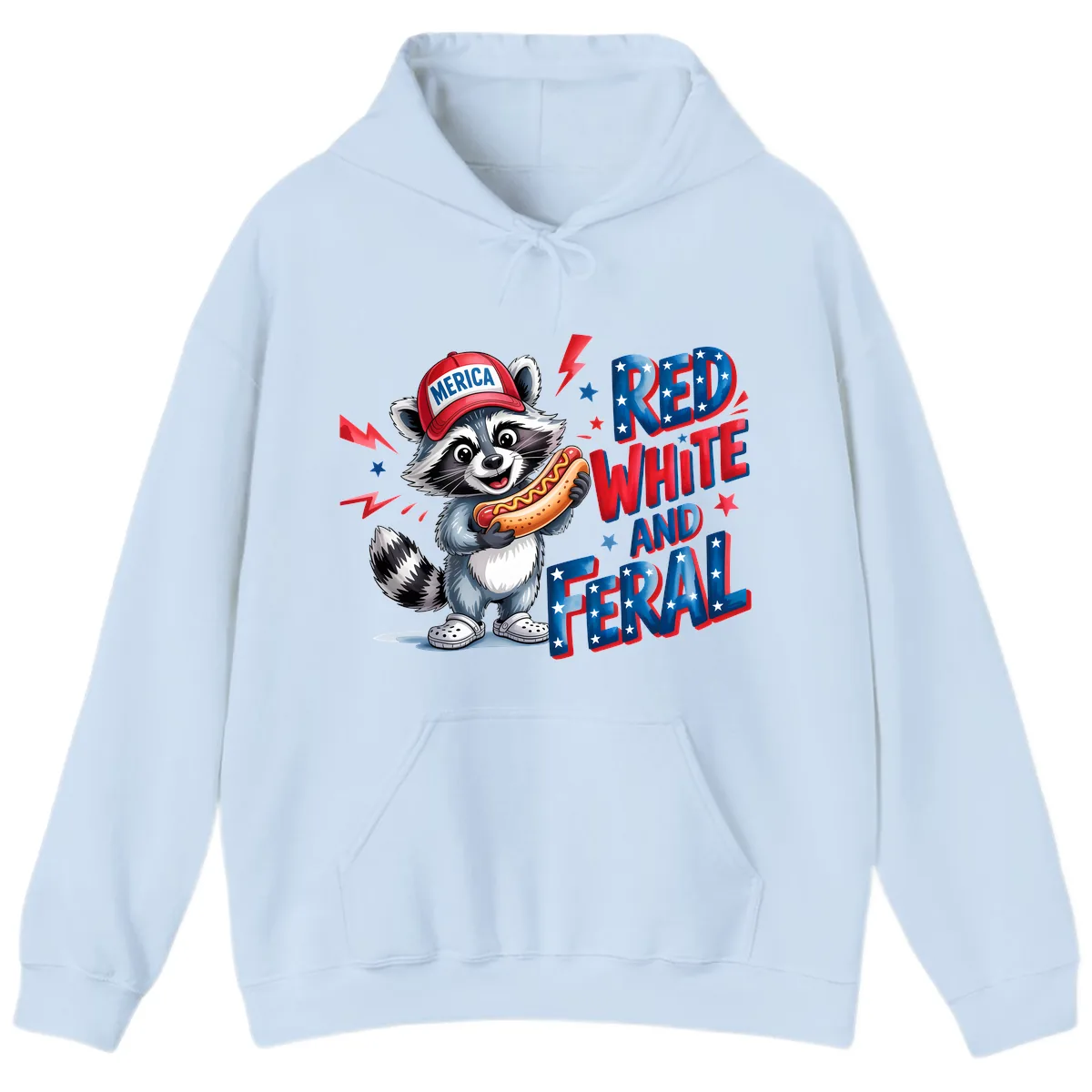 Patriotic Raccoon Hot Dog Red White And Feral Hoodie in Light Blue