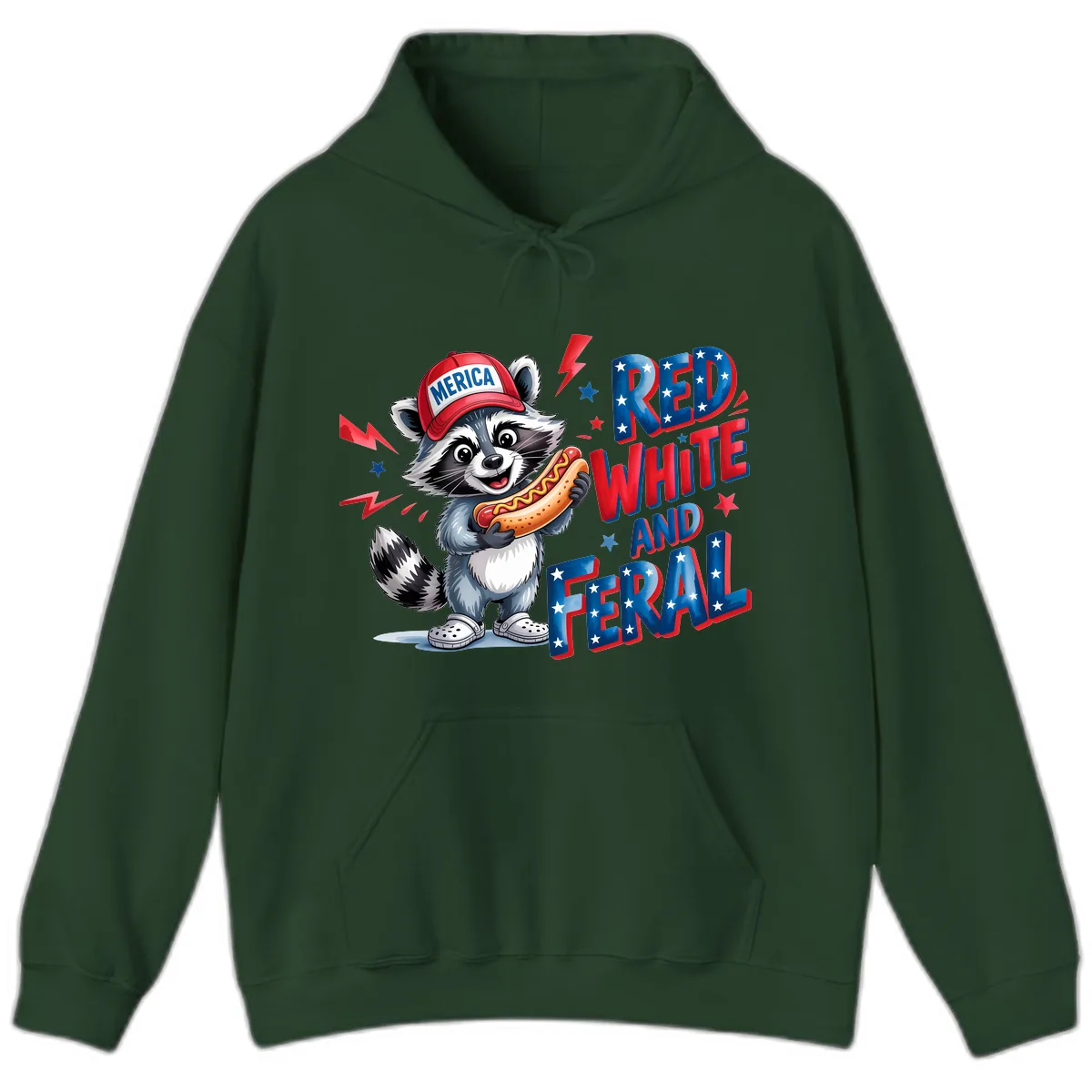 Patriotic Raccoon Hot Dog Red White And Feral Hoodie in Forest Green