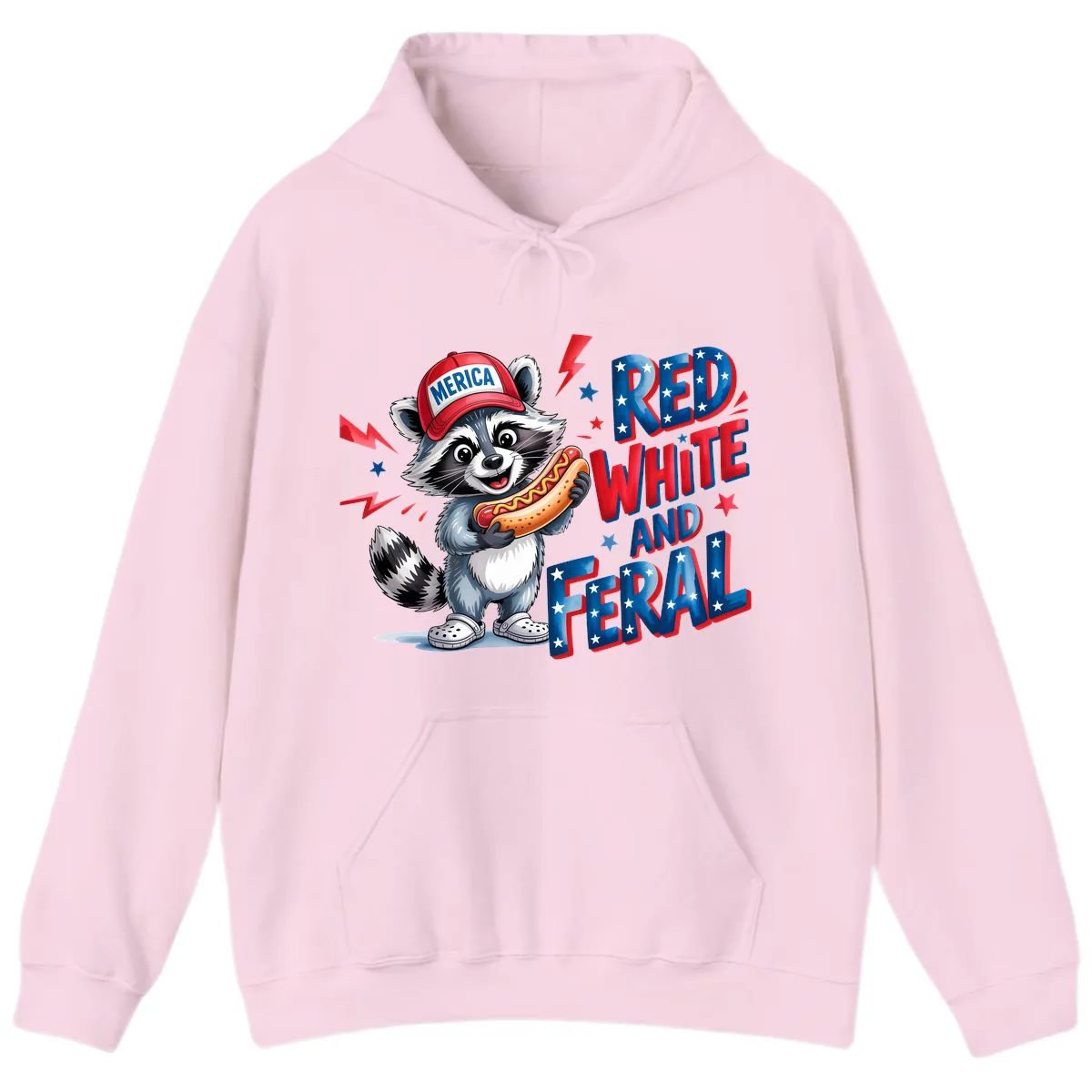 Patriotic Raccoon Hot Dog Red White And Feral Hoodie in Light Pink