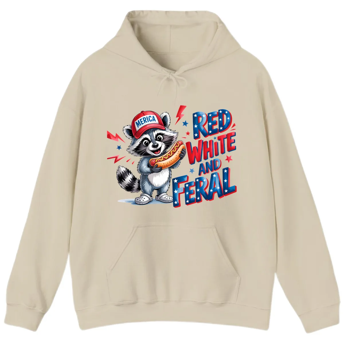 Patriotic Raccoon Hot Dog Red White And Feral Hoodie in Sand