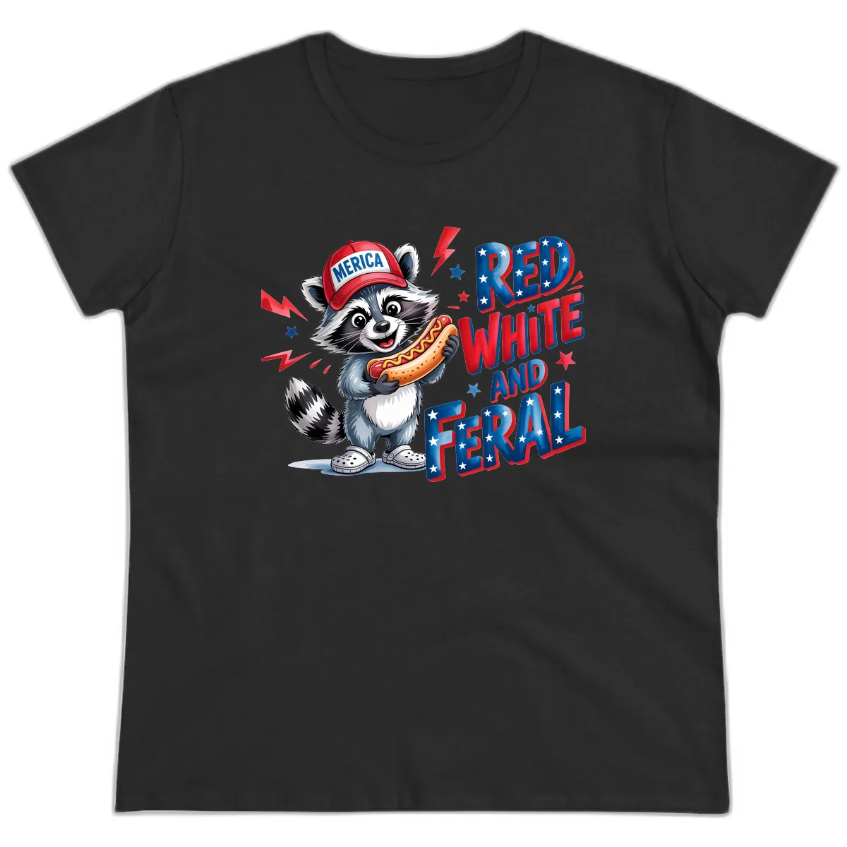 Patriotic Raccoon Hot Dog Red White And Feral Ladies Tee in Black