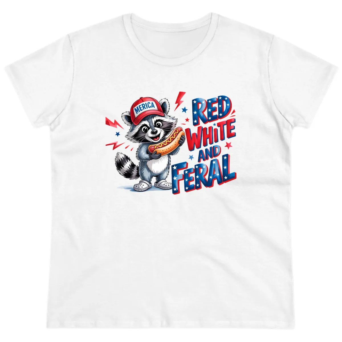 Patriotic Raccoon Hot Dog Red White And Feral Ladies Tee in White