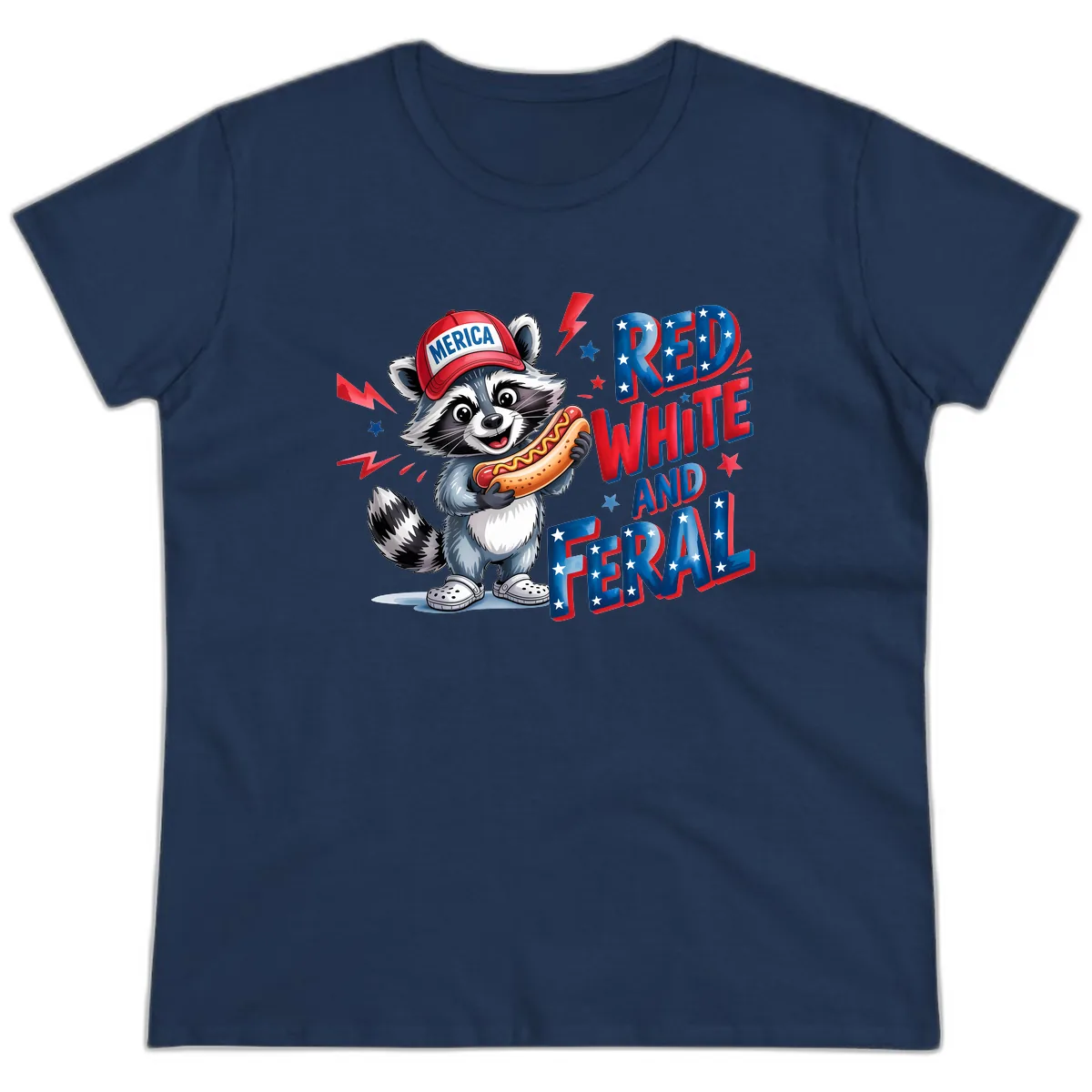 Patriotic Raccoon Hot Dog Red White And Feral Ladies Tee in Navy