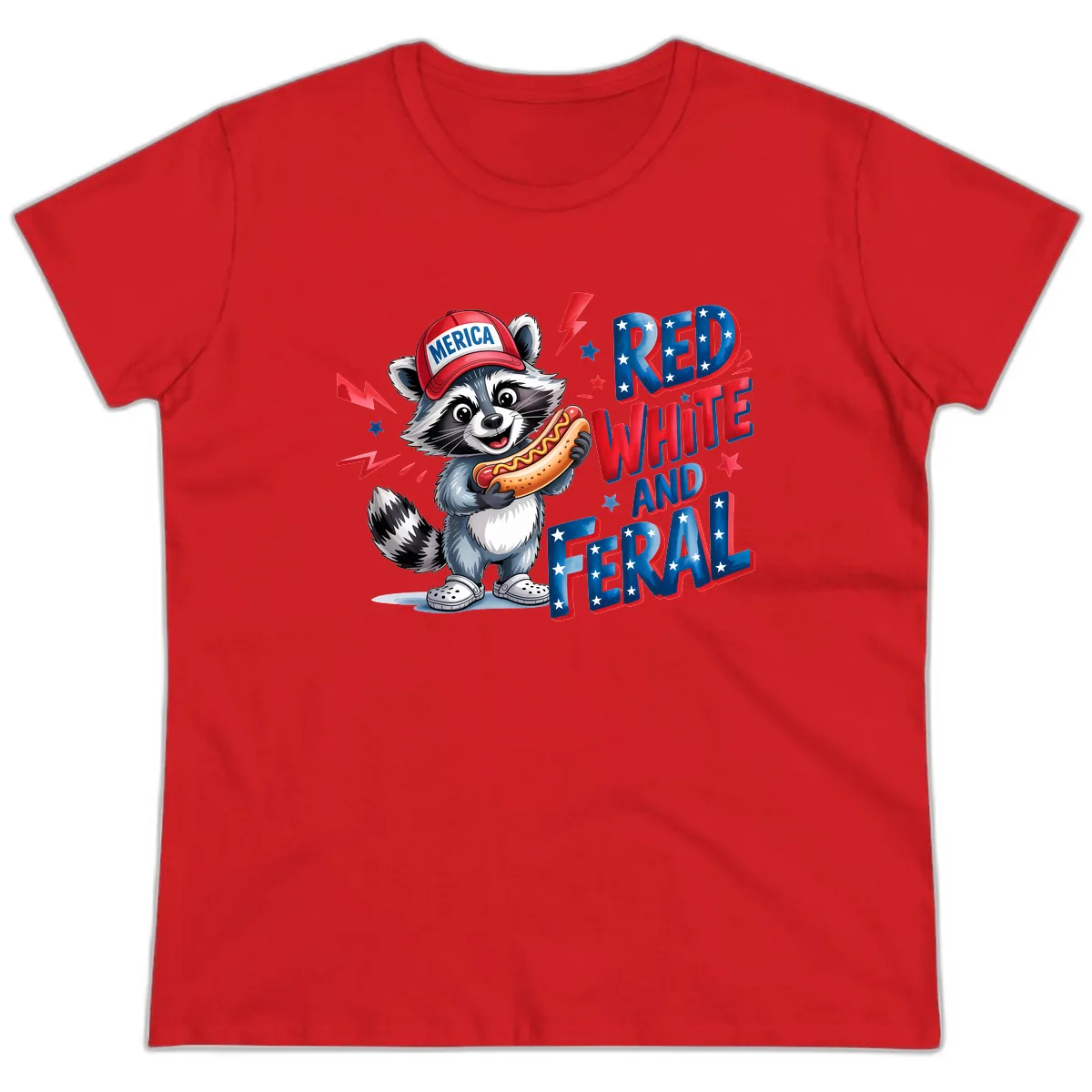 Patriotic Raccoon Hot Dog Red White And Feral Ladies Tee in Red