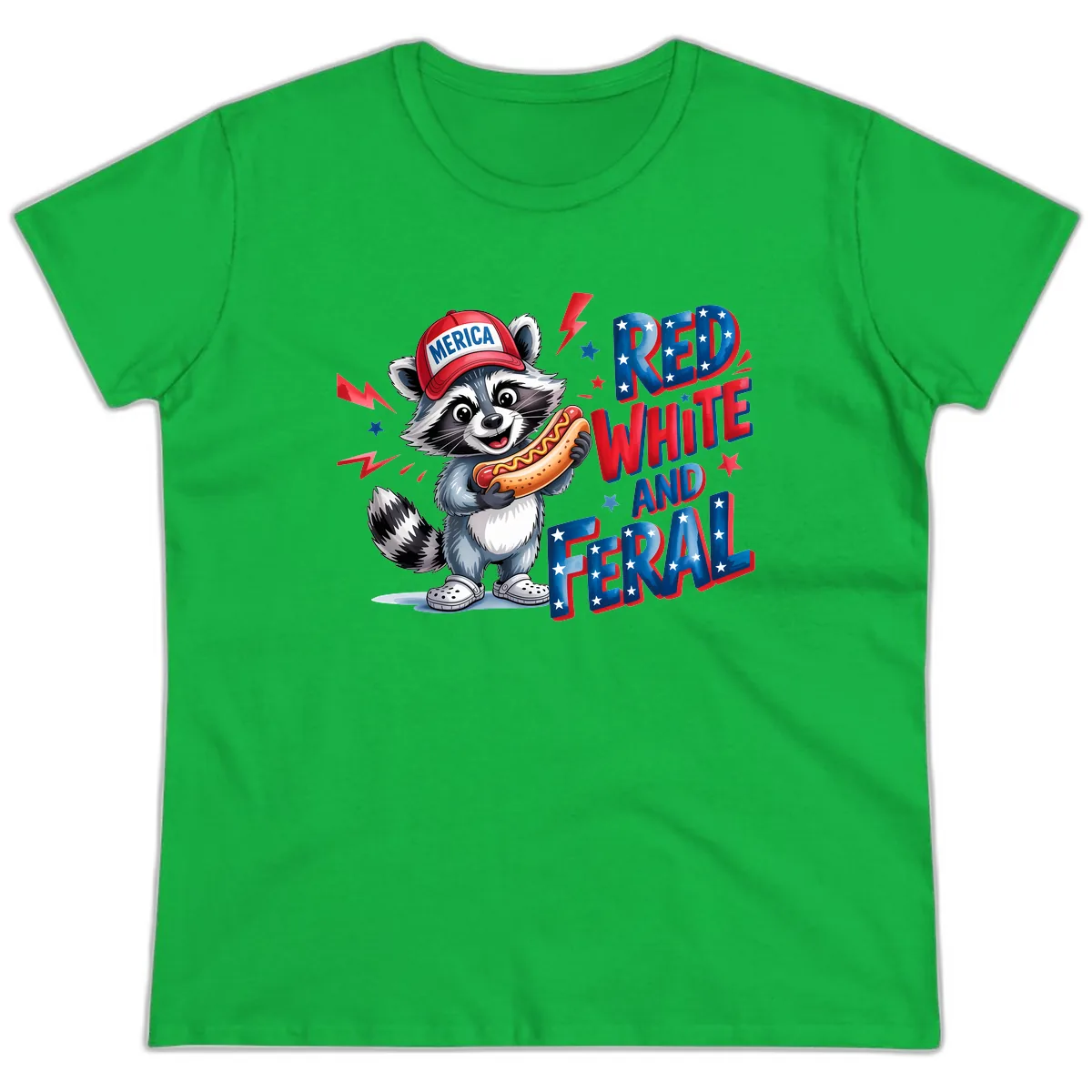 Patriotic Raccoon Hot Dog Red White And Feral Ladies Tee in Irish Green