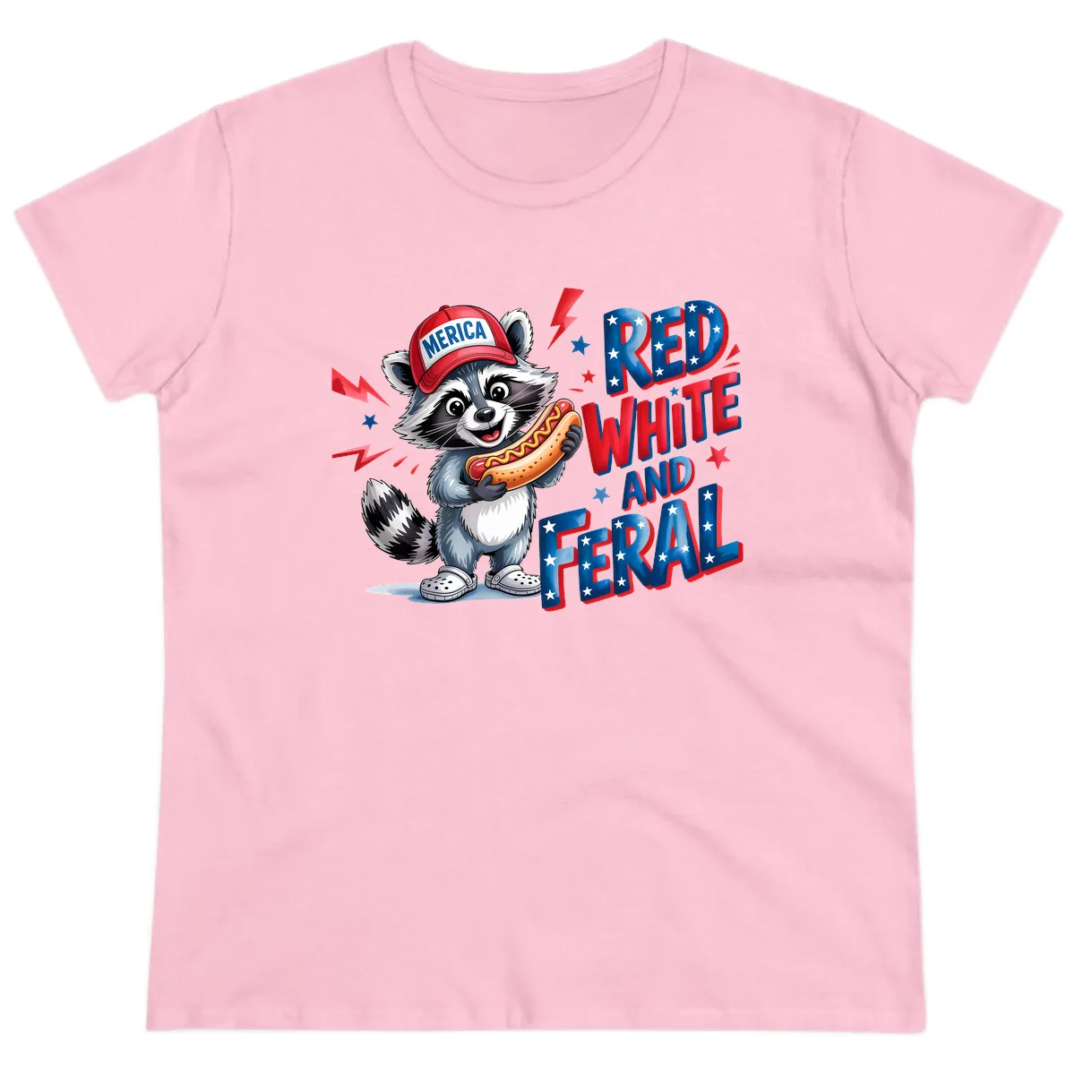 Patriotic Raccoon Hot Dog Red White And Feral Ladies Tee in Light Pink