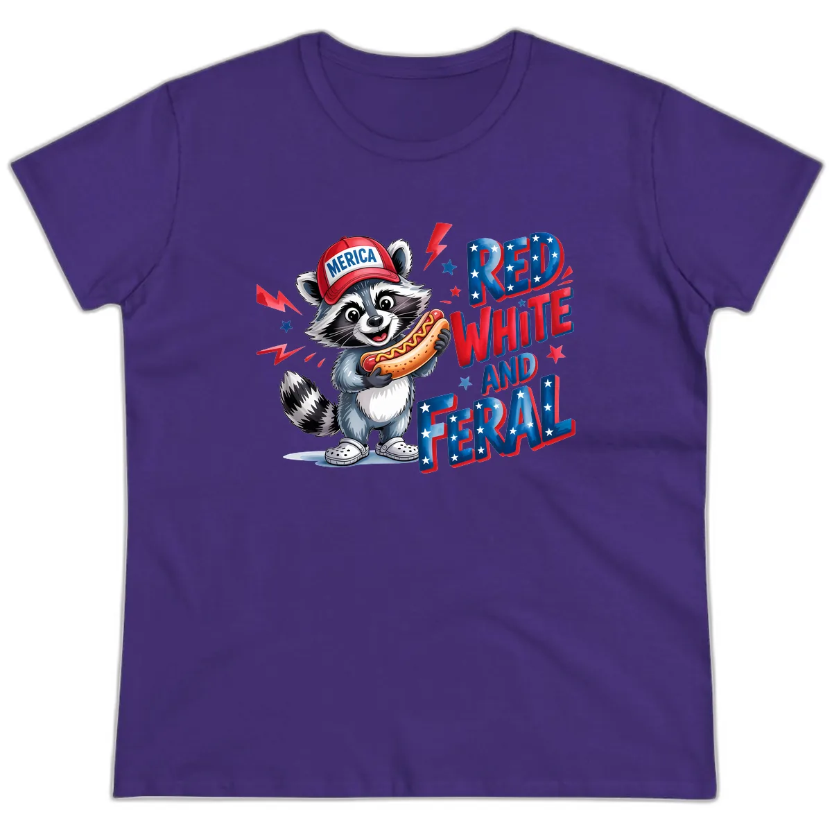 Patriotic Raccoon Hot Dog Red White And Feral Ladies Tee in Purple