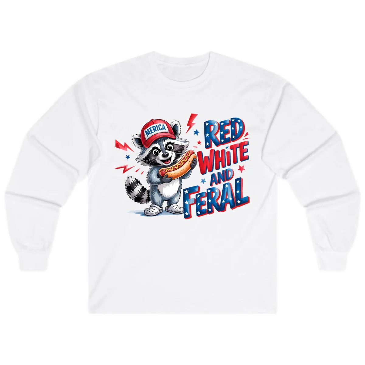 Patriotic Raccoon Hot Dog Red White And Feral Long Sleeve in White