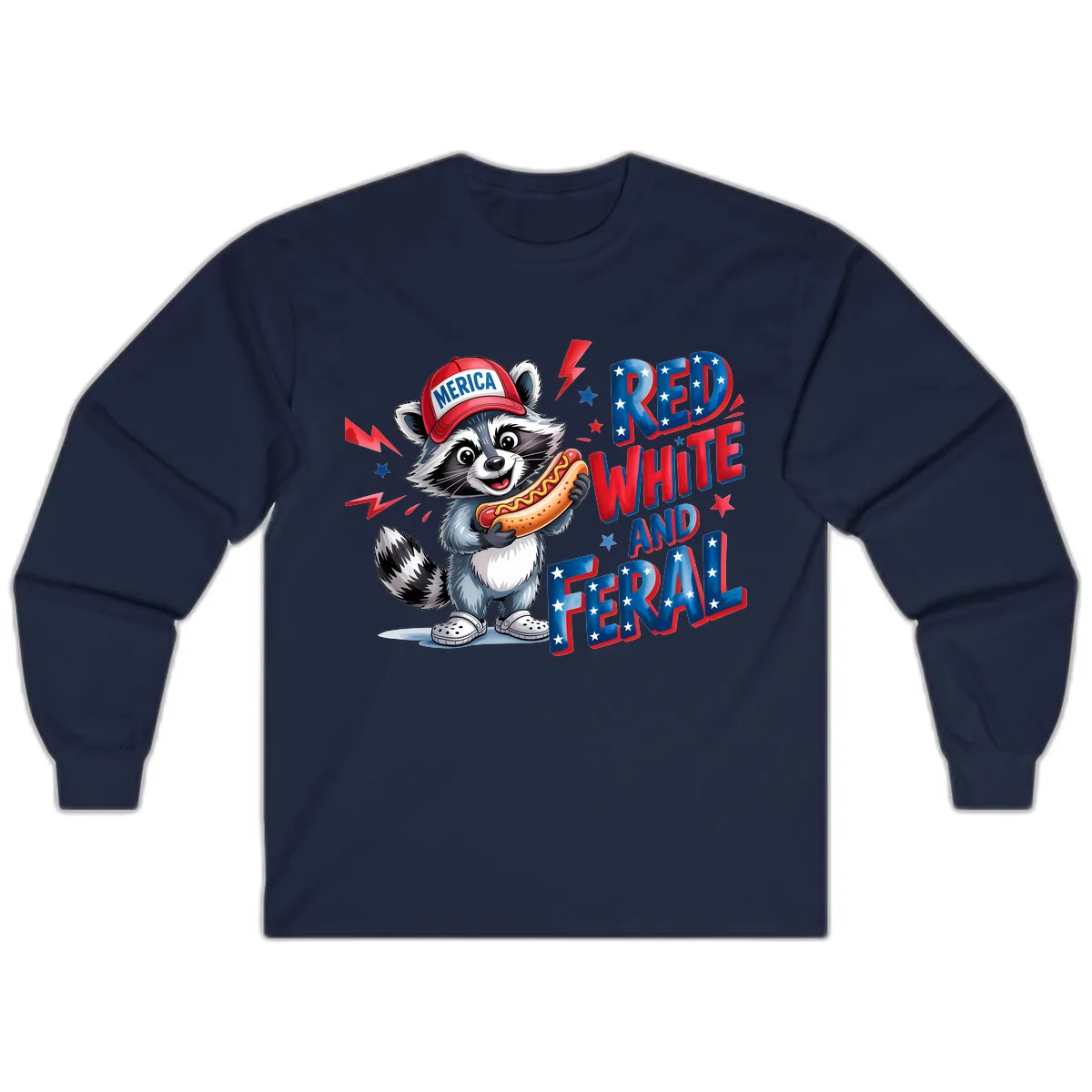 Patriotic Raccoon Hot Dog Red White And Feral Long Sleeve in Navy