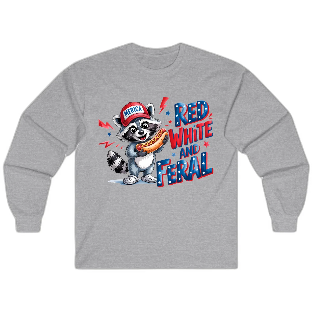 Patriotic Raccoon Hot Dog Red White And Feral Long Sleeve in Sport Grey