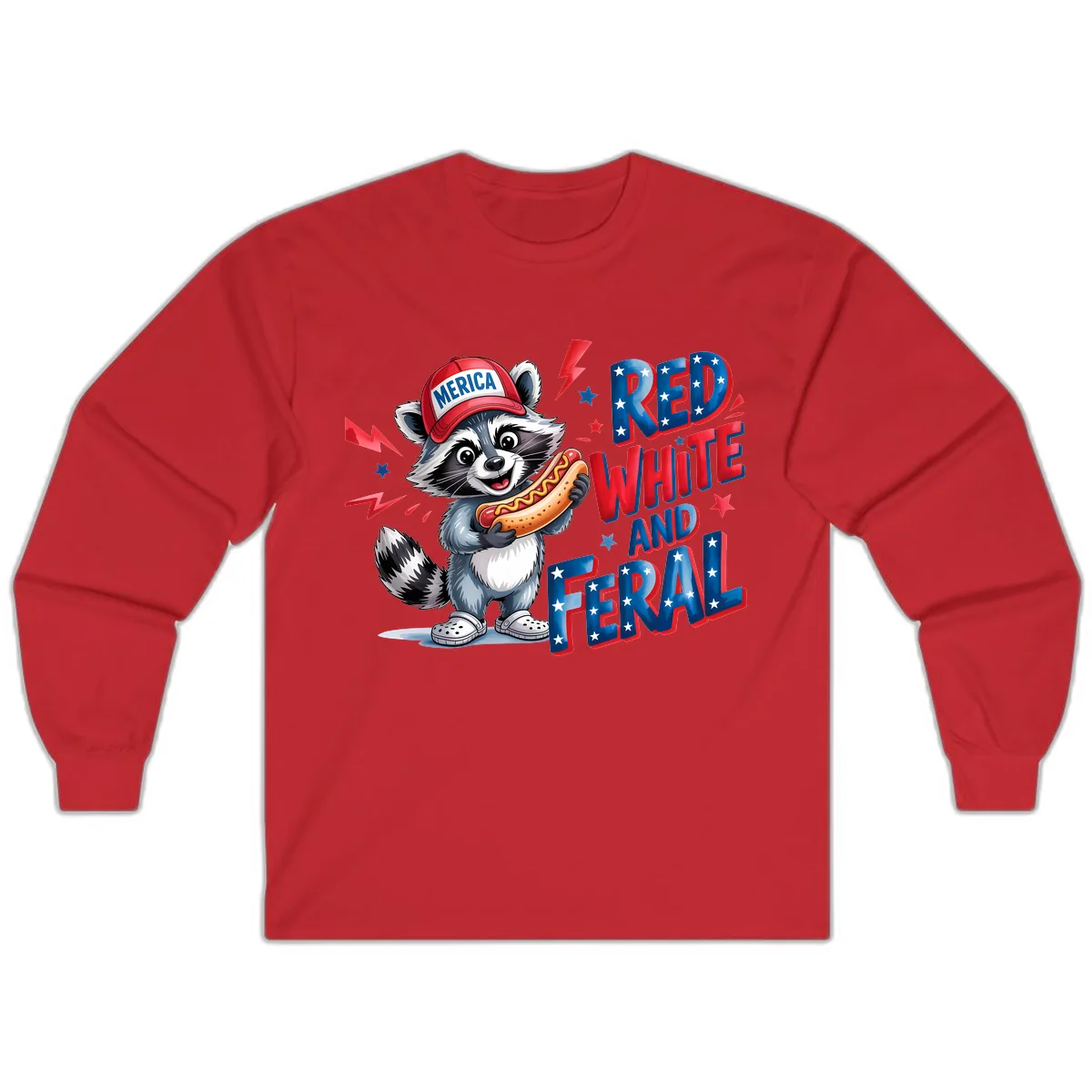 Patriotic Raccoon Hot Dog Red White And Feral Long Sleeve in Red