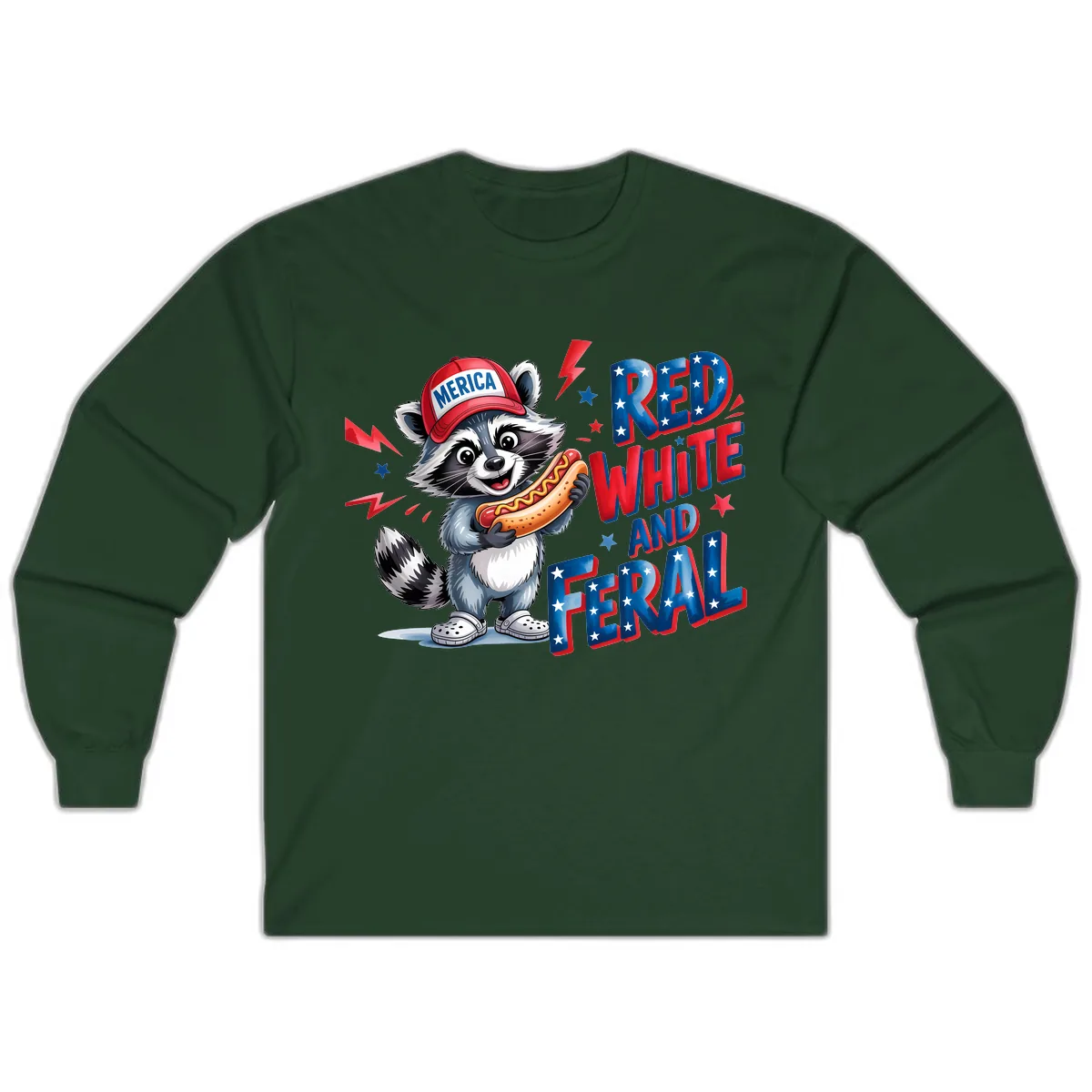 Patriotic Raccoon Hot Dog Red White And Feral Long Sleeve in Forest Green