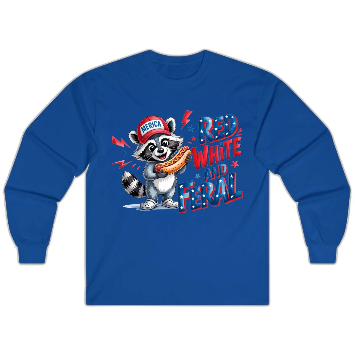 Patriotic Raccoon Hot Dog Red White And Feral Long Sleeve in Royal