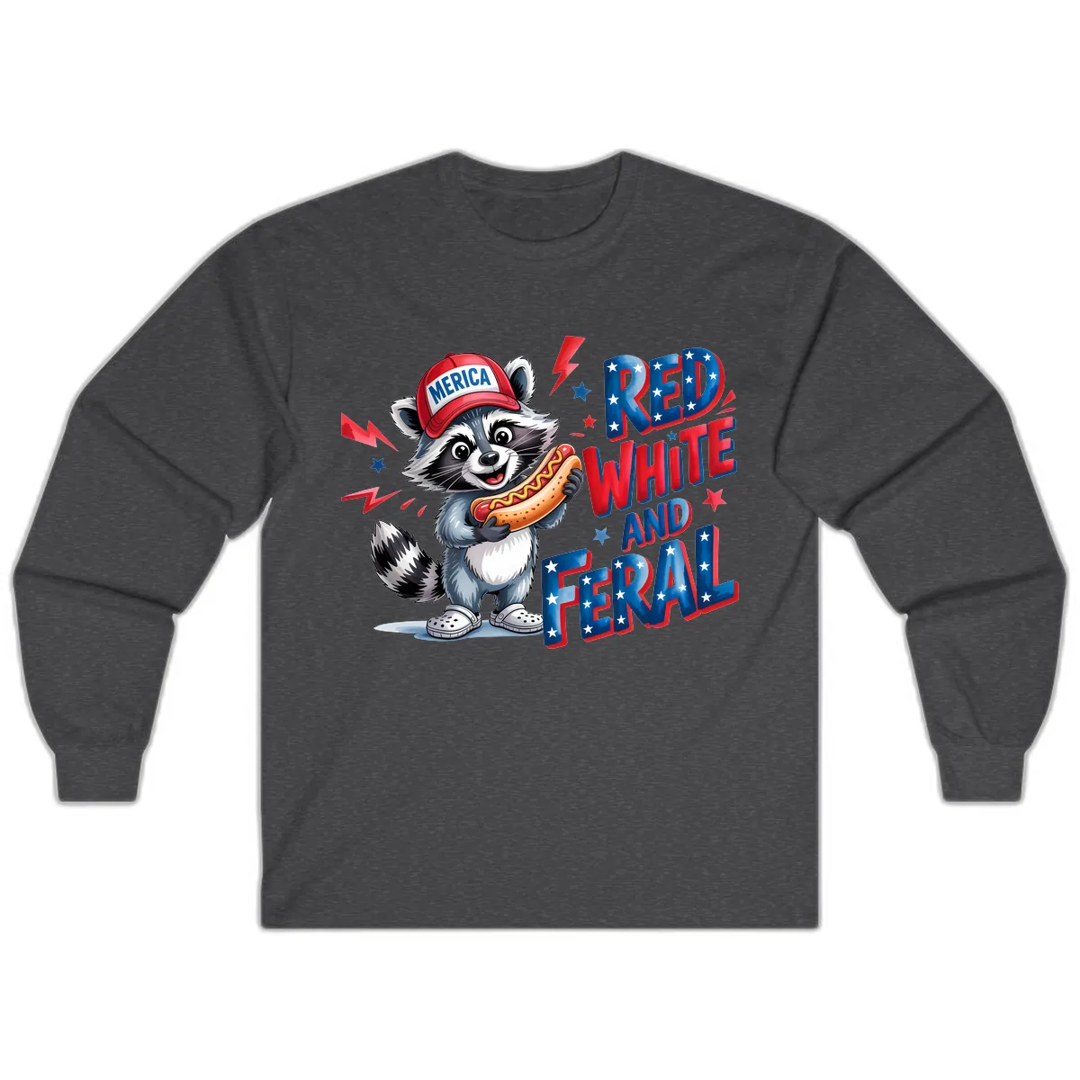Patriotic Raccoon Hot Dog Red White And Feral Long Sleeve in Dark Heather