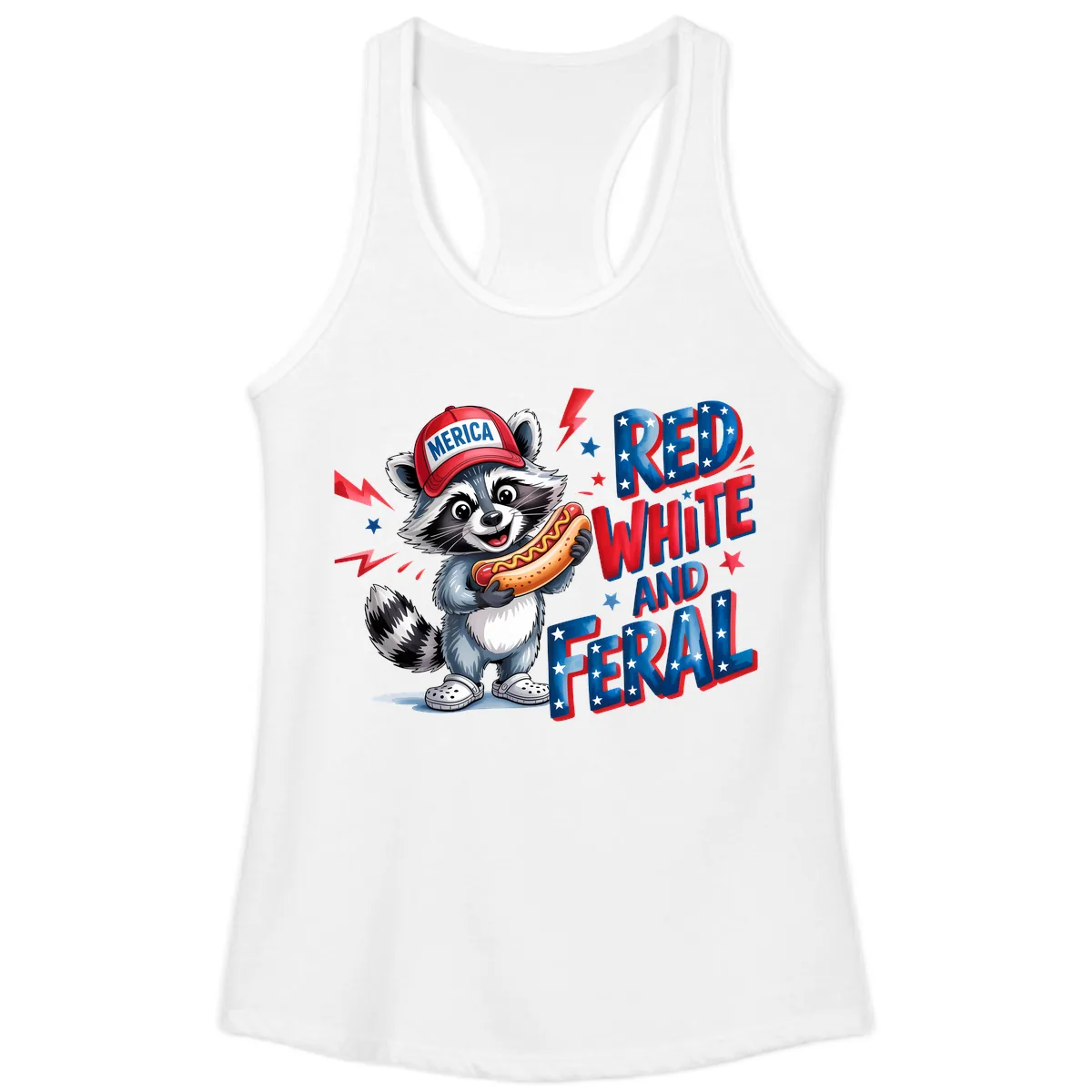 Patriotic Raccoon Hot Dog Red White And Feral Ladies Tank in White