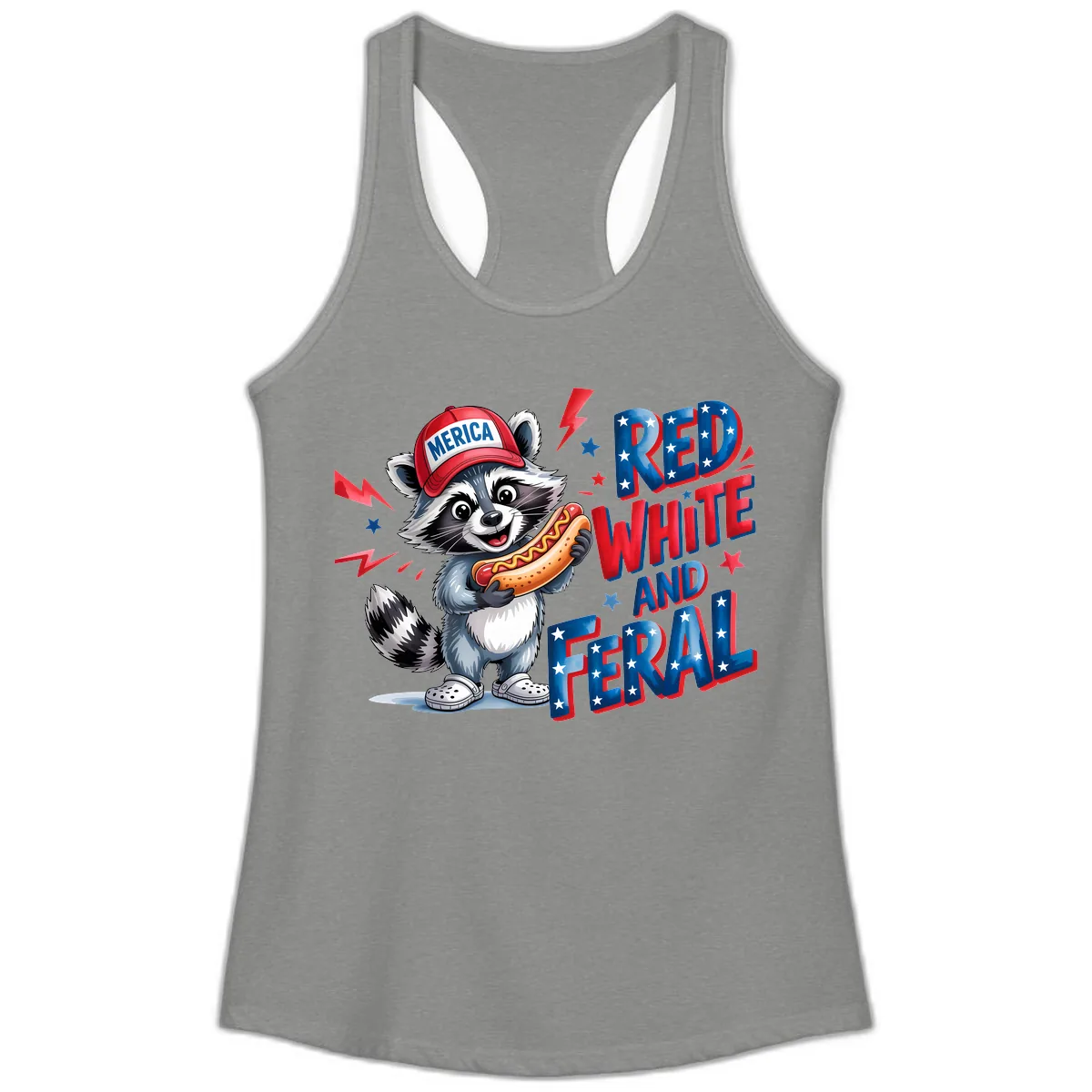 Patriotic Raccoon Hot Dog Red White And Feral Ladies Tank in Heather Grey