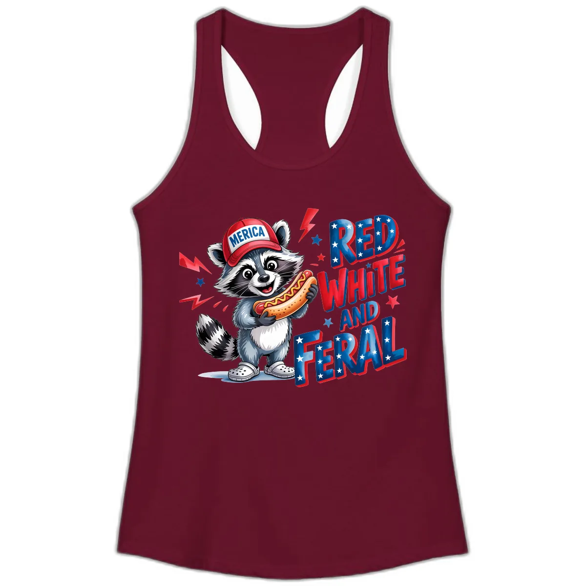 Patriotic Raccoon Hot Dog Red White And Feral Ladies Tank in Solid Cardinal Red