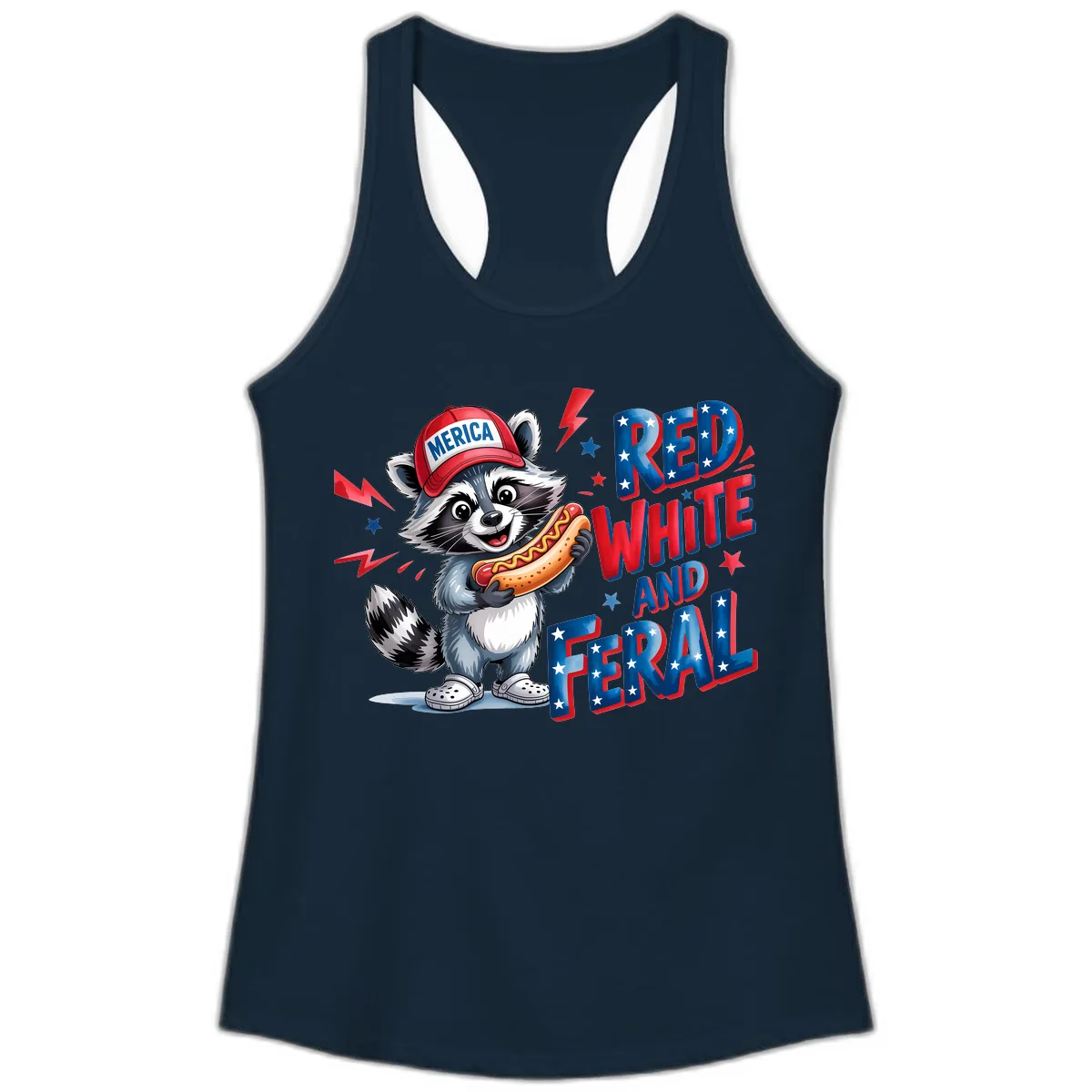 Patriotic Raccoon Hot Dog Red White And Feral Ladies Tank in Solid Midnight Navy
