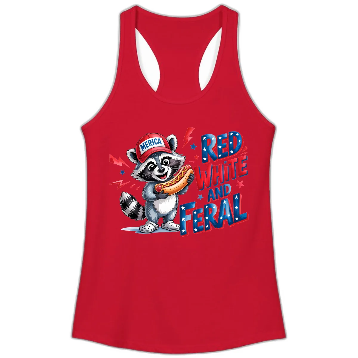 Patriotic Raccoon Hot Dog Red White And Feral Ladies Tank in Solid Red