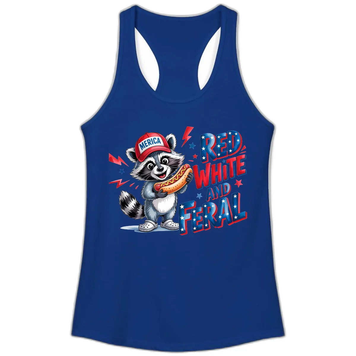 Patriotic Raccoon Hot Dog Red White And Feral Ladies Tank in Solid Royal