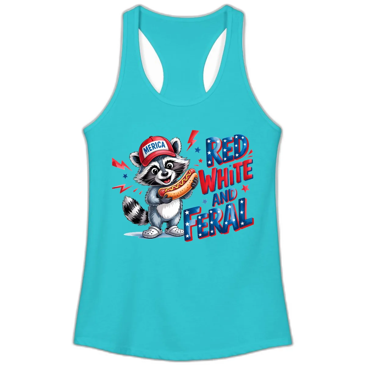Patriotic Raccoon Hot Dog Red White And Feral Ladies Tank in Solid Tahiti Blue