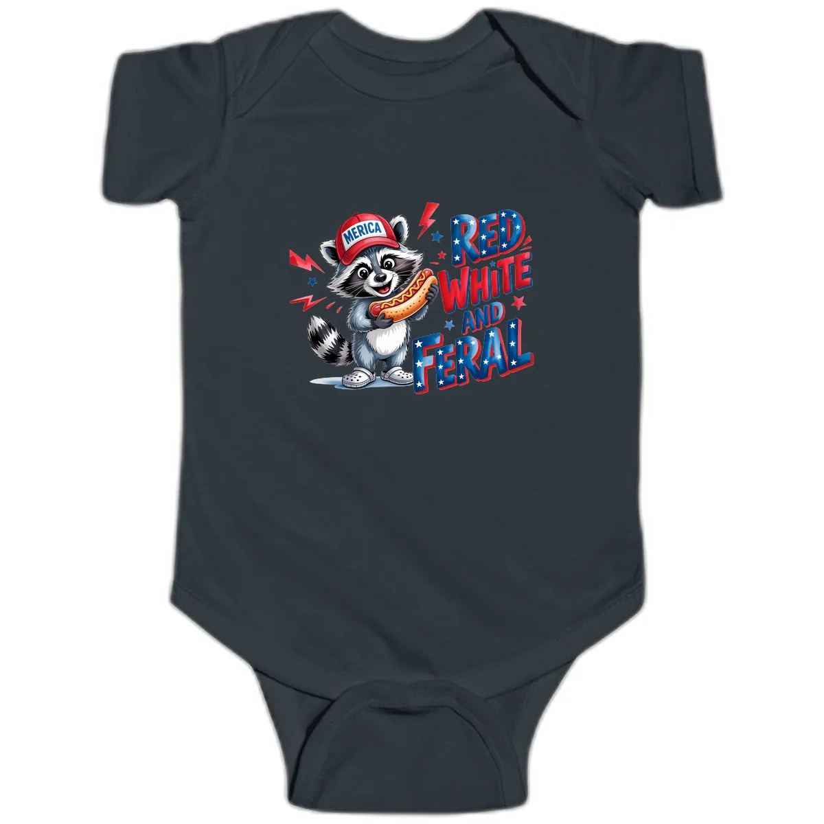 Patriotic Raccoon Hot Dog Red White And Feral Baby Onesie in Black