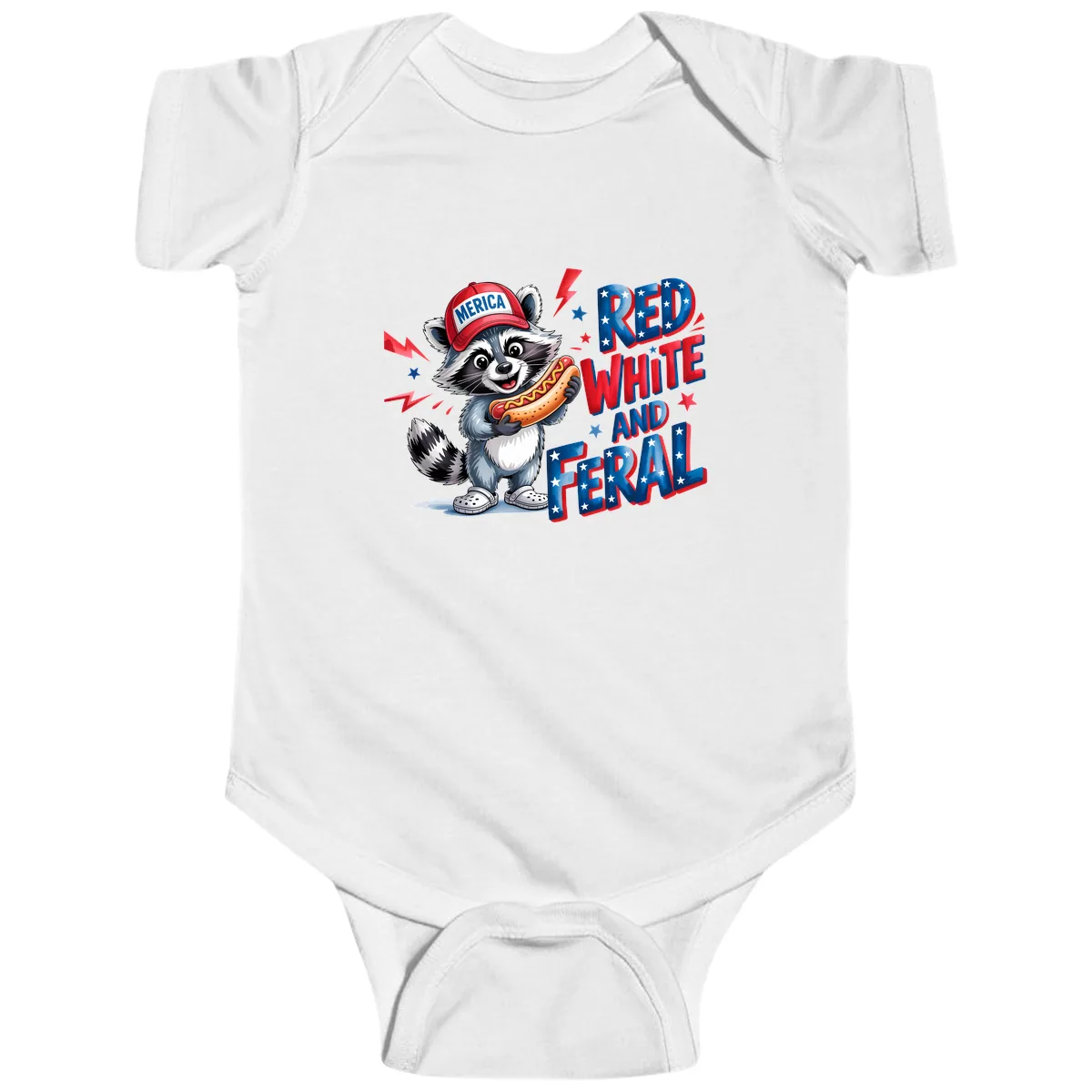 Patriotic Raccoon Hot Dog Red White And Feral Baby Onesie in White