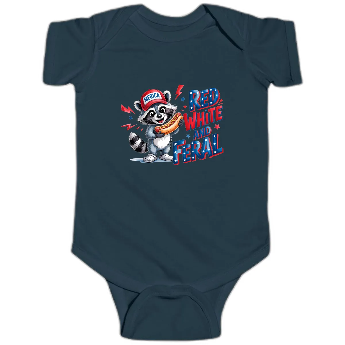 Patriotic Raccoon Hot Dog Red White And Feral Baby Onesie in Navy