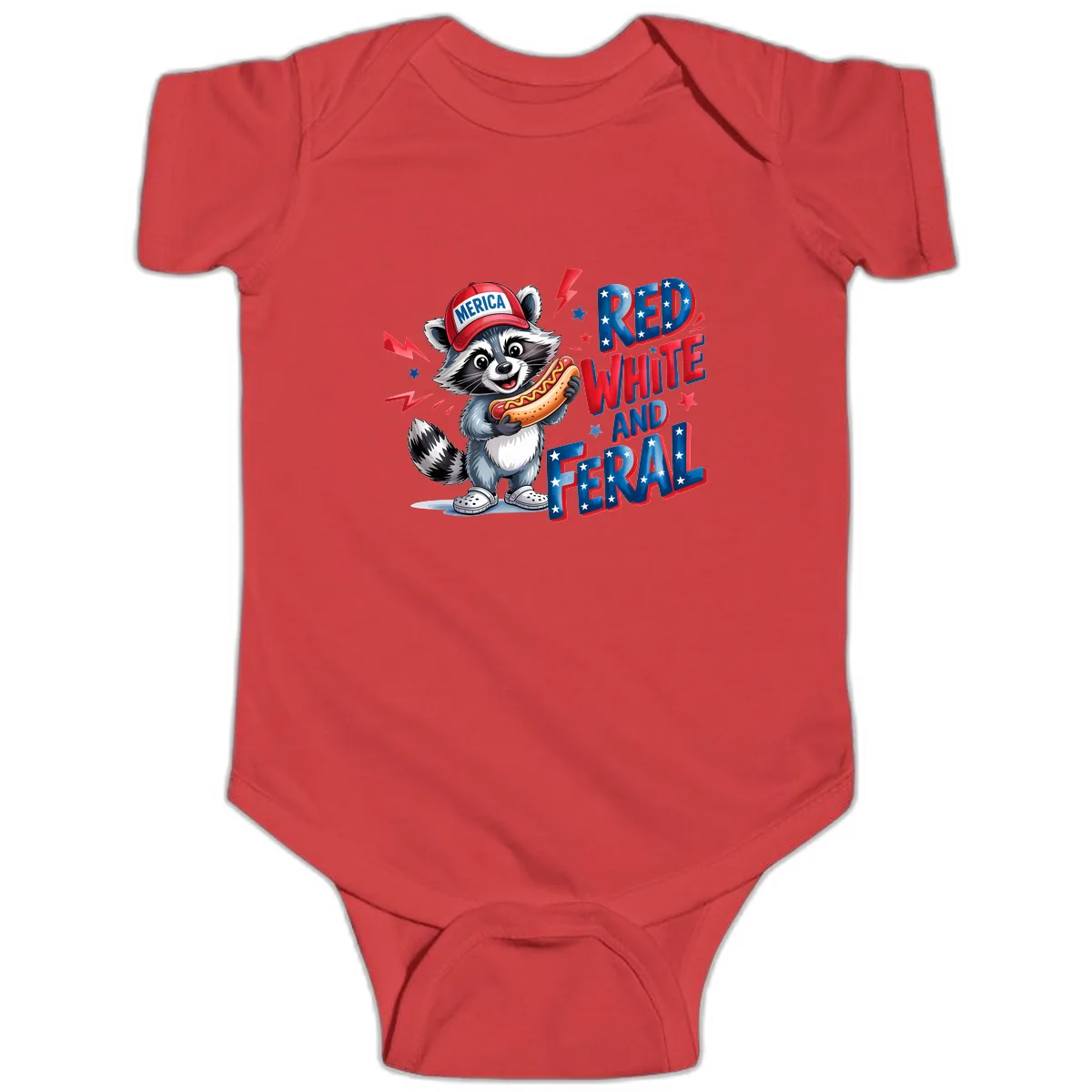 Patriotic Raccoon Hot Dog Red White And Feral Baby Onesie in Red