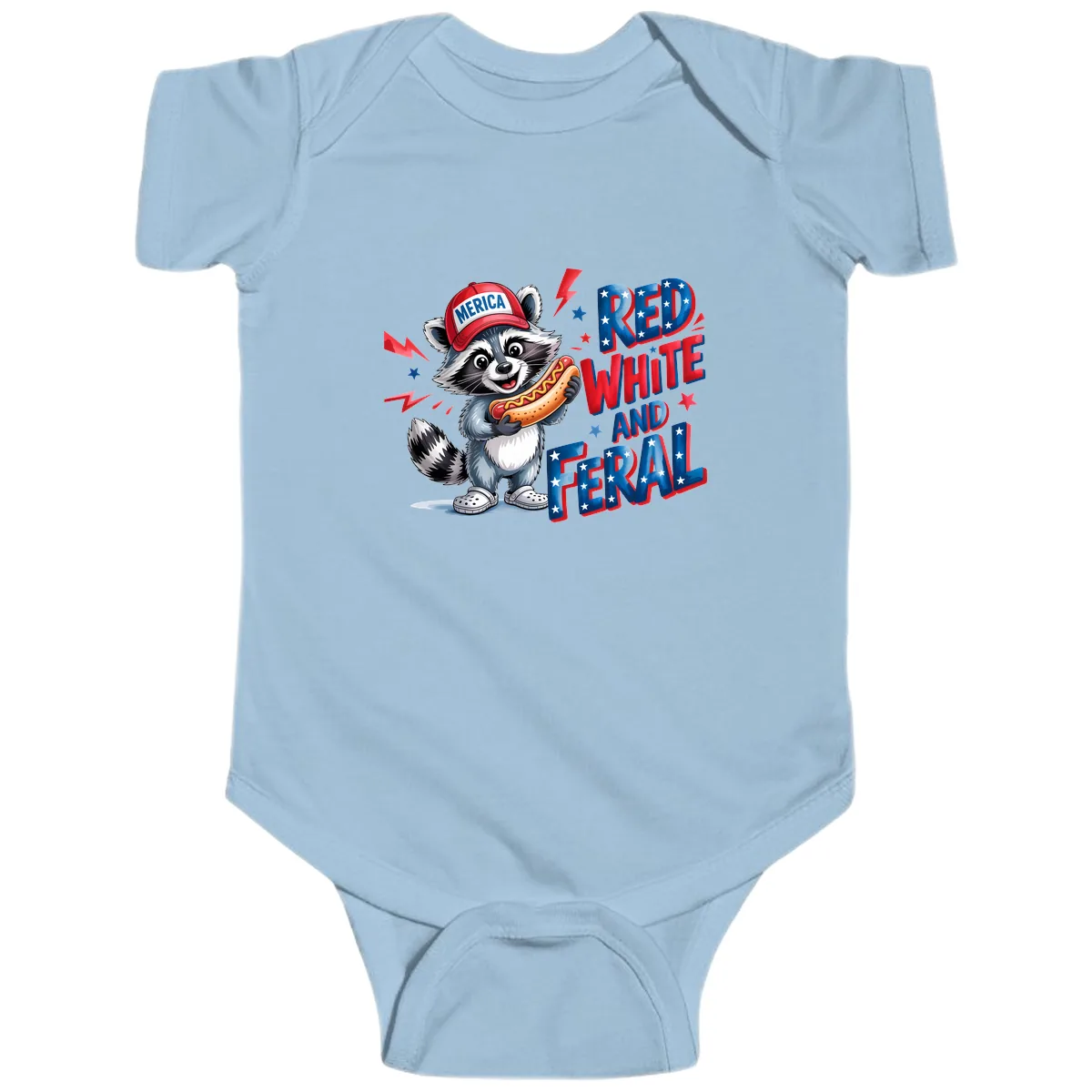Patriotic Raccoon Hot Dog Red White And Feral Baby Onesie in Light Blue