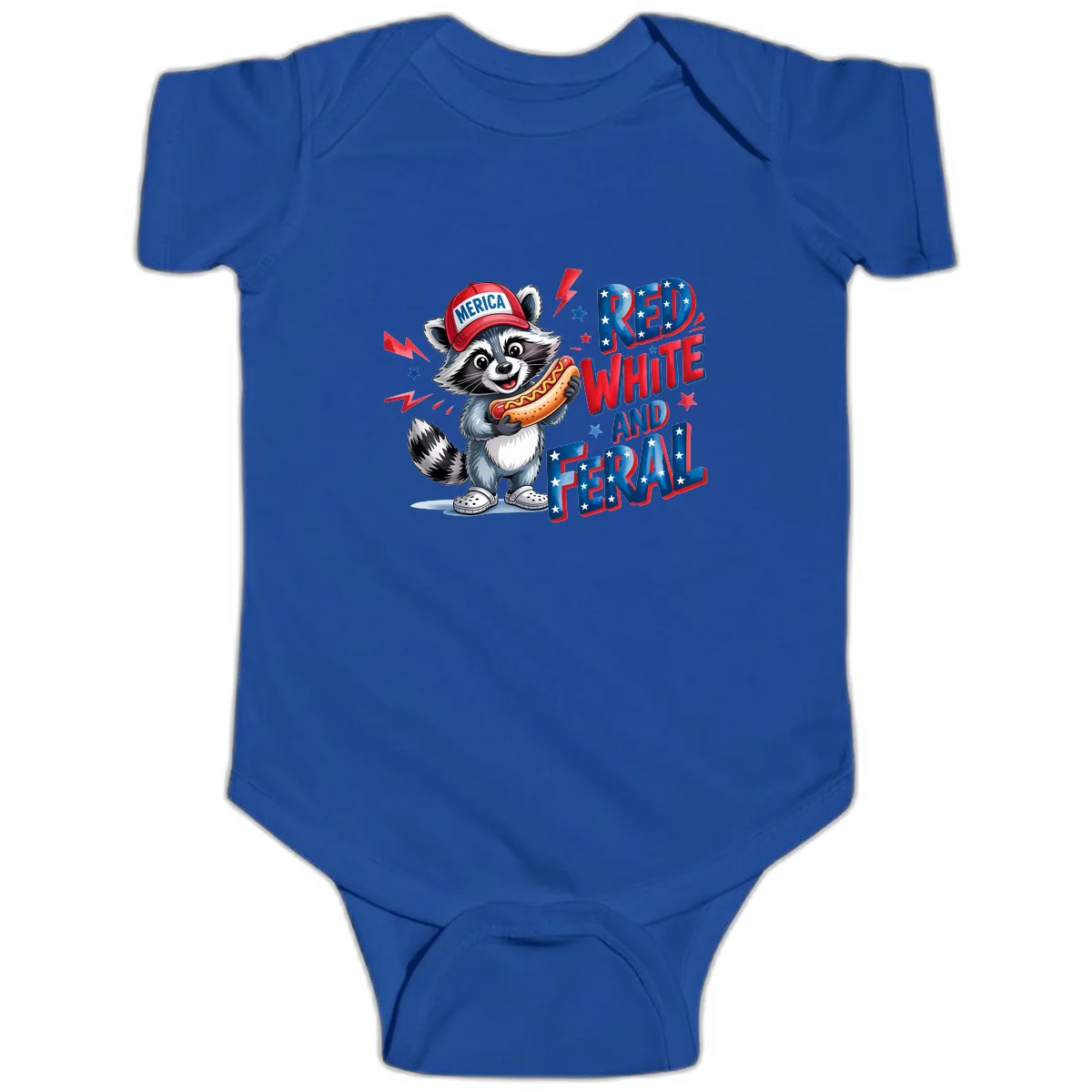 Patriotic Raccoon Hot Dog Red White And Feral Baby Onesie in Royal