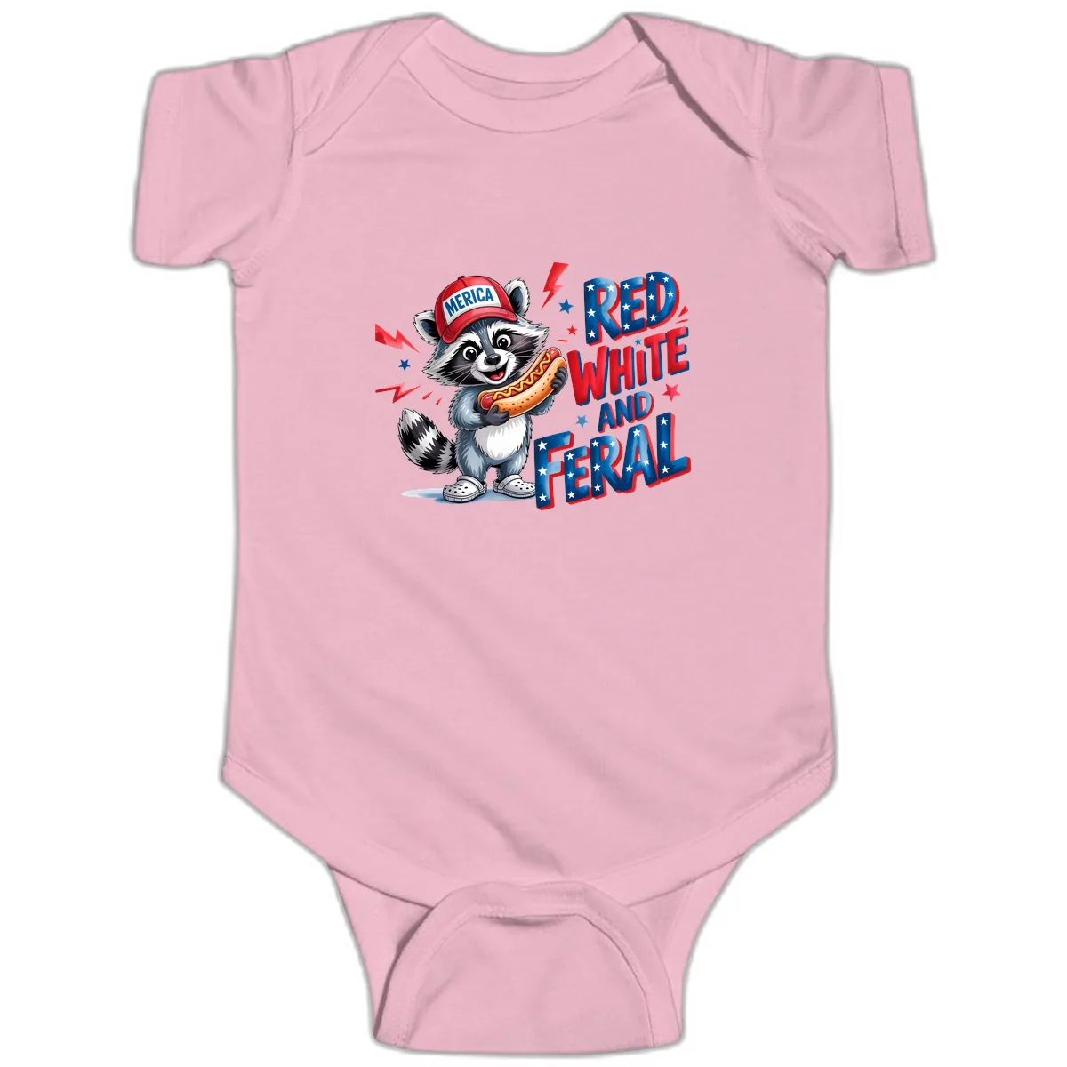Patriotic Raccoon Hot Dog Red White And Feral Baby Onesie in Pink