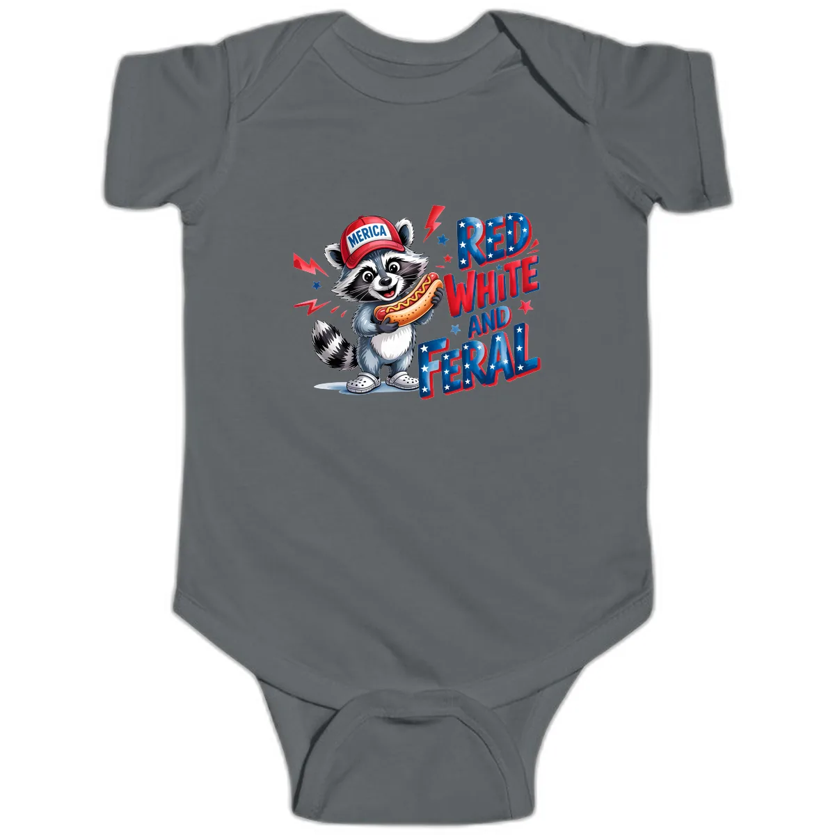 Patriotic Raccoon Hot Dog Red White And Feral Baby Onesie in Charcoal