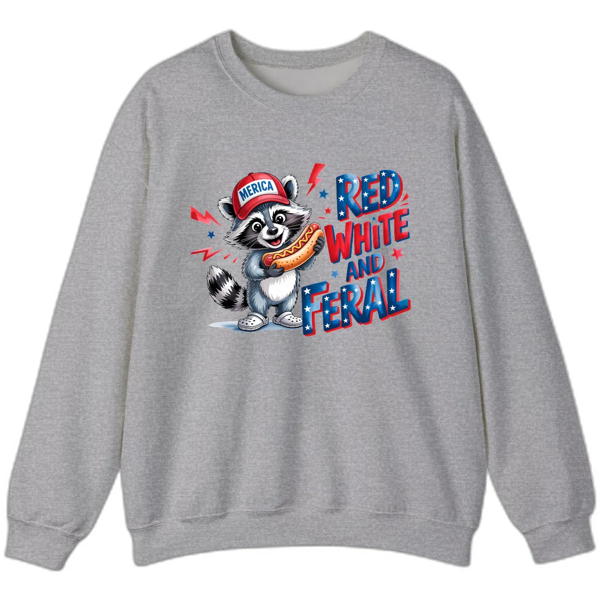 Patriotic Raccoon Hot Dog Red White And Feral Sweatshirt in Sport Grey