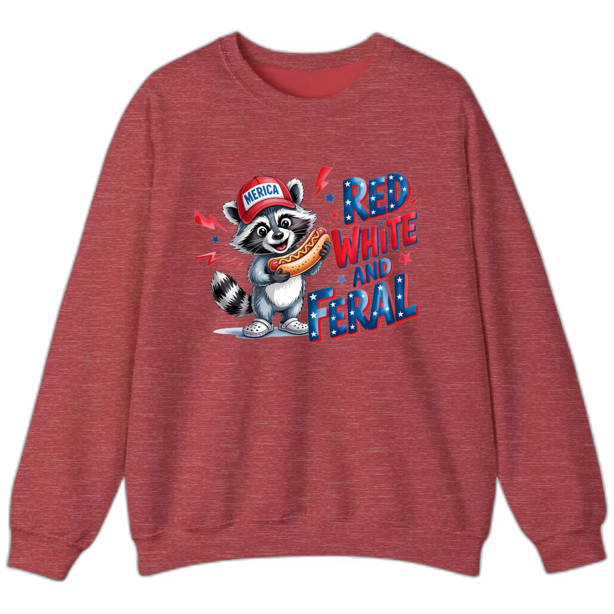 Patriotic Raccoon Hot Dog Red White And Feral Sweatshirt in Heather Scarlet Red