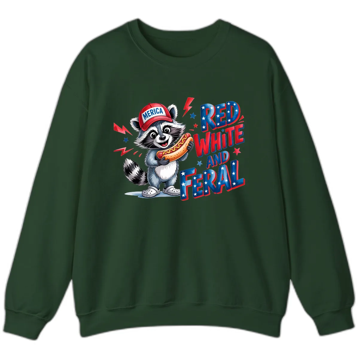 Patriotic Raccoon Hot Dog Red White And Feral Sweatshirt in Forest Green