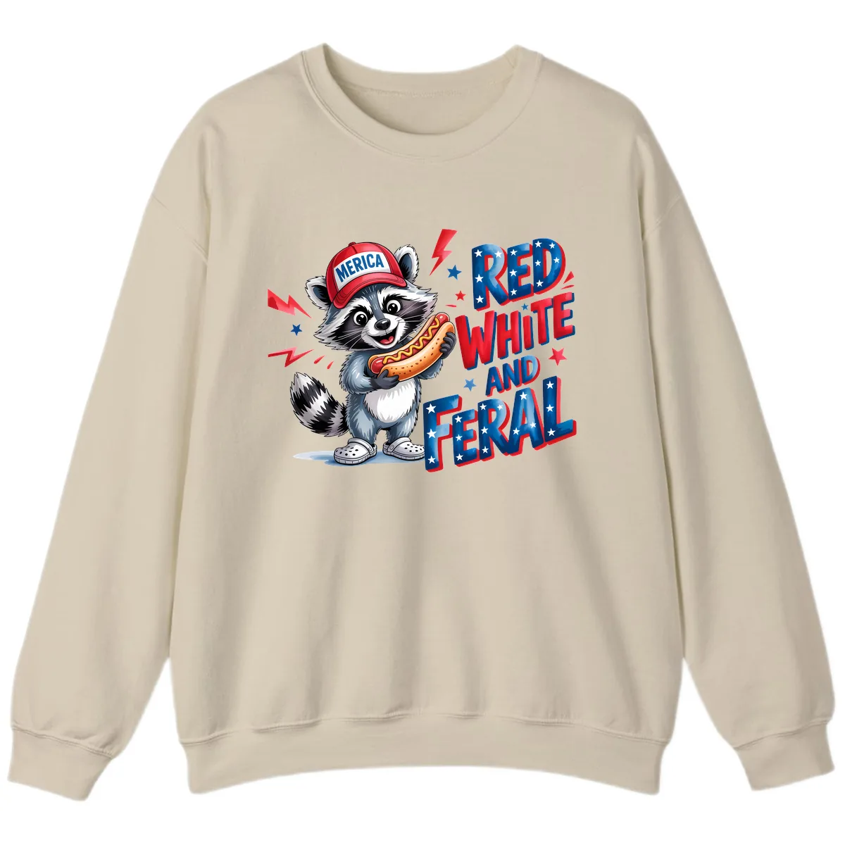 Patriotic Raccoon Hot Dog Red White And Feral Sweatshirt in Sand