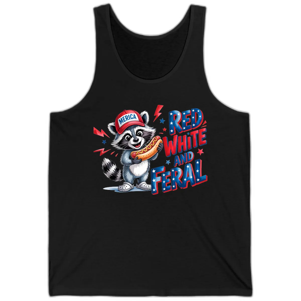 Patriotic Raccoon Hot Dog Red White And Feral Tank in Black